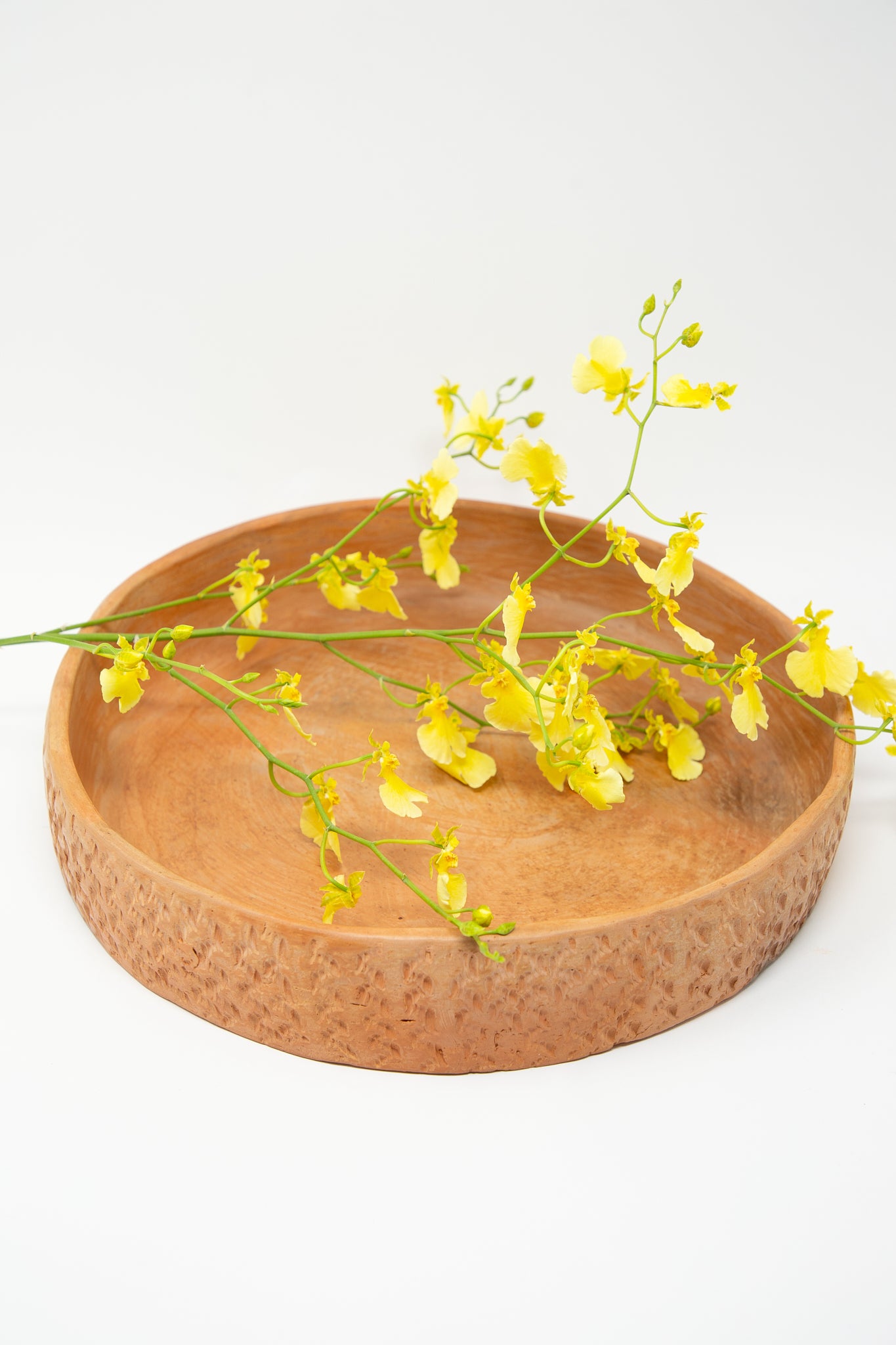 A rustic Julia Frutero Platter in Red Clay, adorned with yellow flowers, handcrafted by Cerámicas Plaza Bolivar.