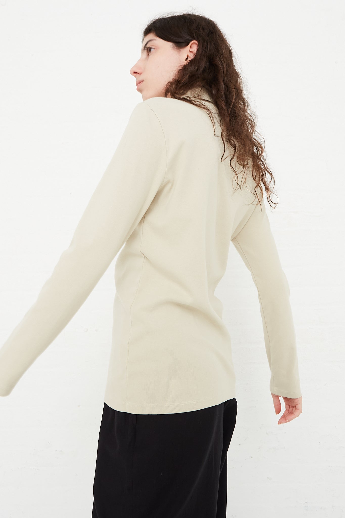 Organic Cotton Rib Knit Turtleneck Top in Ivory by Black Crane for Oroboro Side