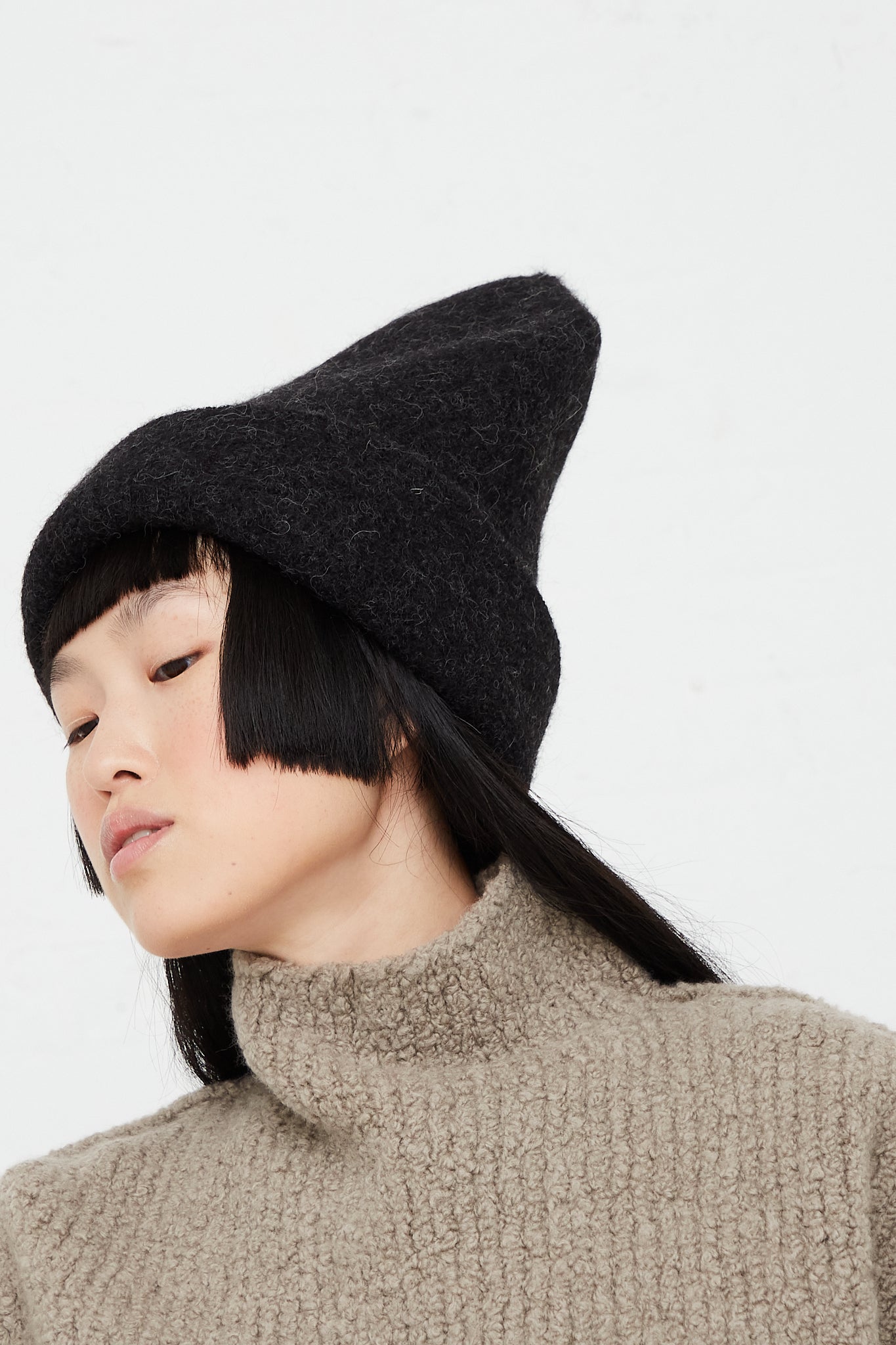 Alpaca Knit Carpenter Hat in Black Melange by Lauren Manoogian for Oroboro Side Upclose