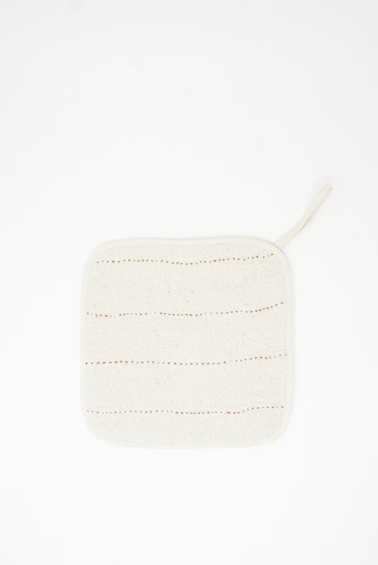 White Hand Quilted Pot Holder in Ecru with stitched patterns against a white background, created from zero-waste textiles by 11.11.