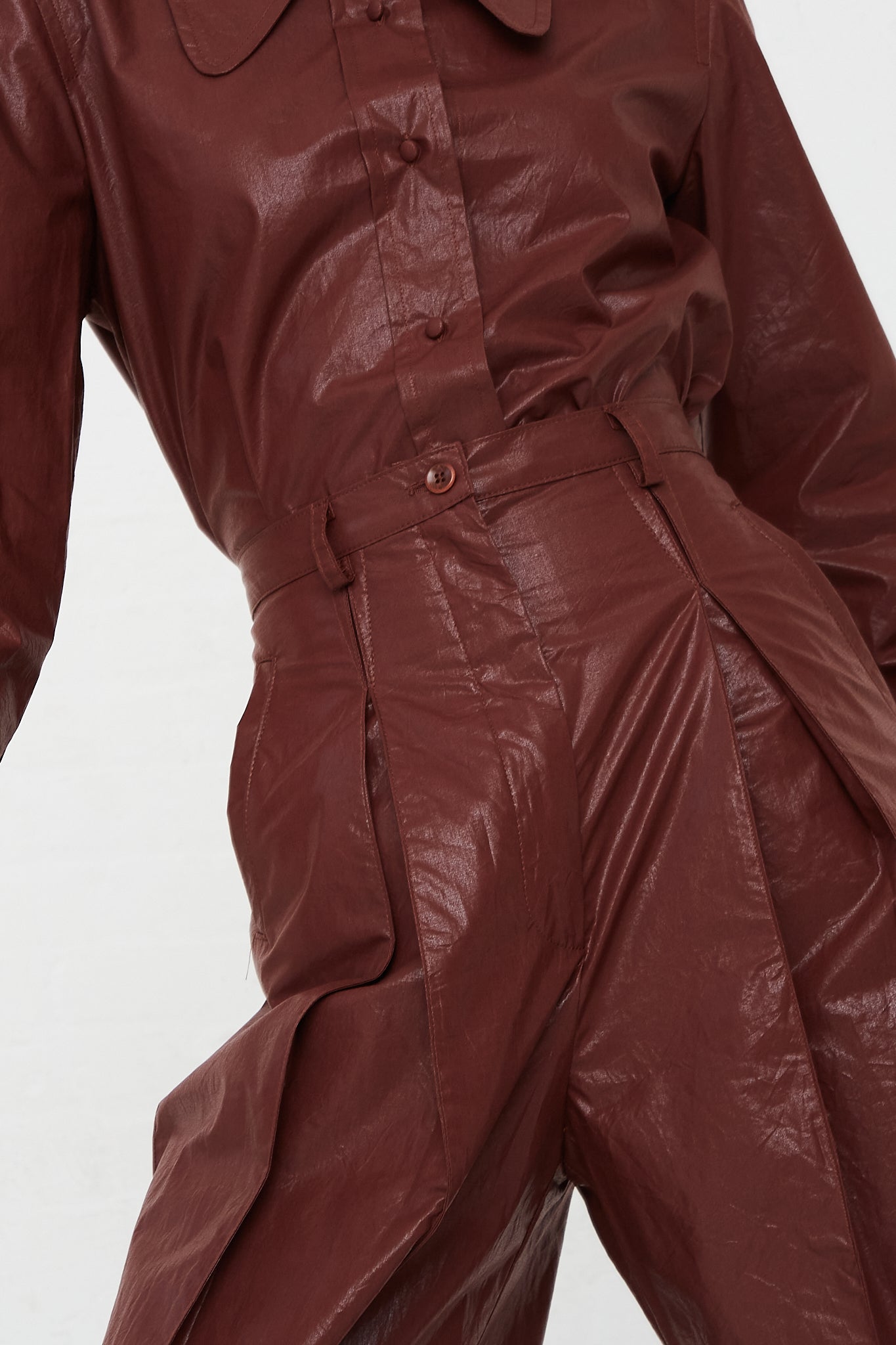 CARON CALLAHAN - Shiny Cotton Poplin Elita Pant in Chocolate | Oroboro Store | Front Upclose