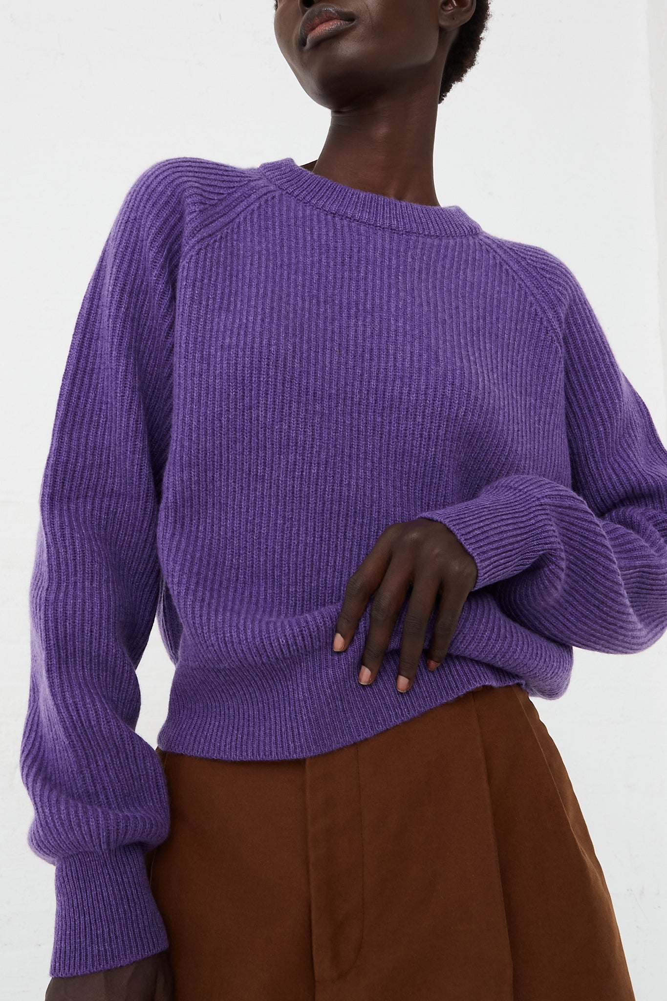 Ribbed Raglan Cashmere Cropped Sweater Purple by CristaSeya for Oroboro Front Upclose