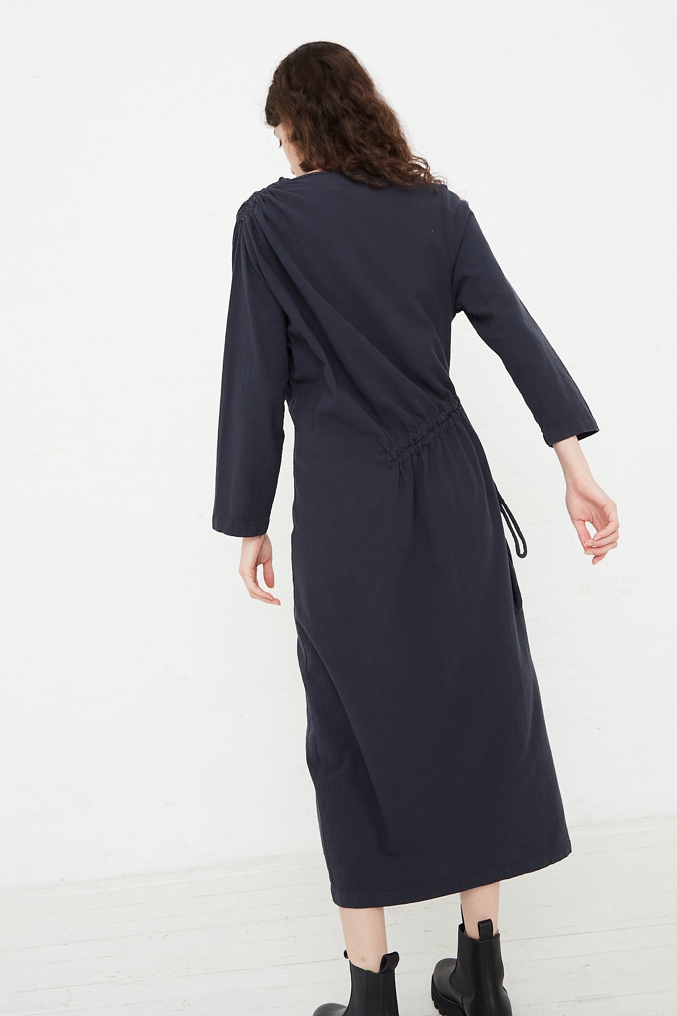 Cotton Woven Ruched Dress in Dark Navy by Black Crane for Oroboro Back