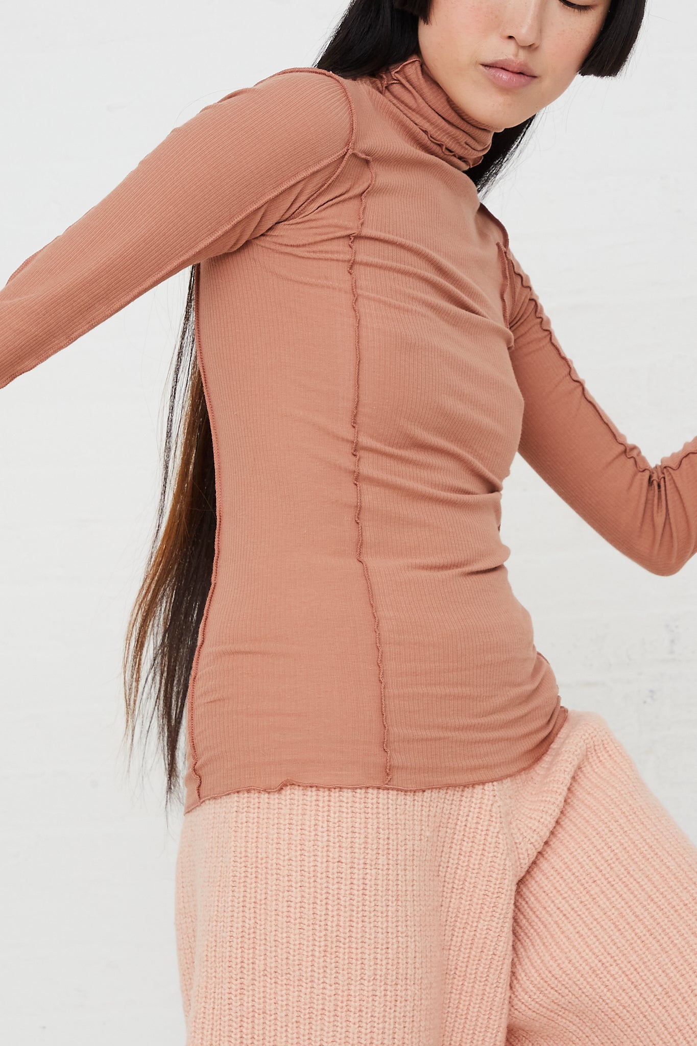 Omato Long sleeve Turtleneck Tee in Rose by Baserange for Oroboro Front Upclose