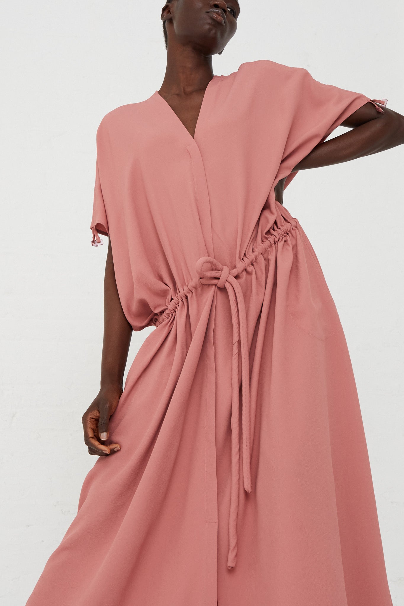 Veronique Leroy - Silk-Crepe Gather Dress in Incarnadin front waist detail