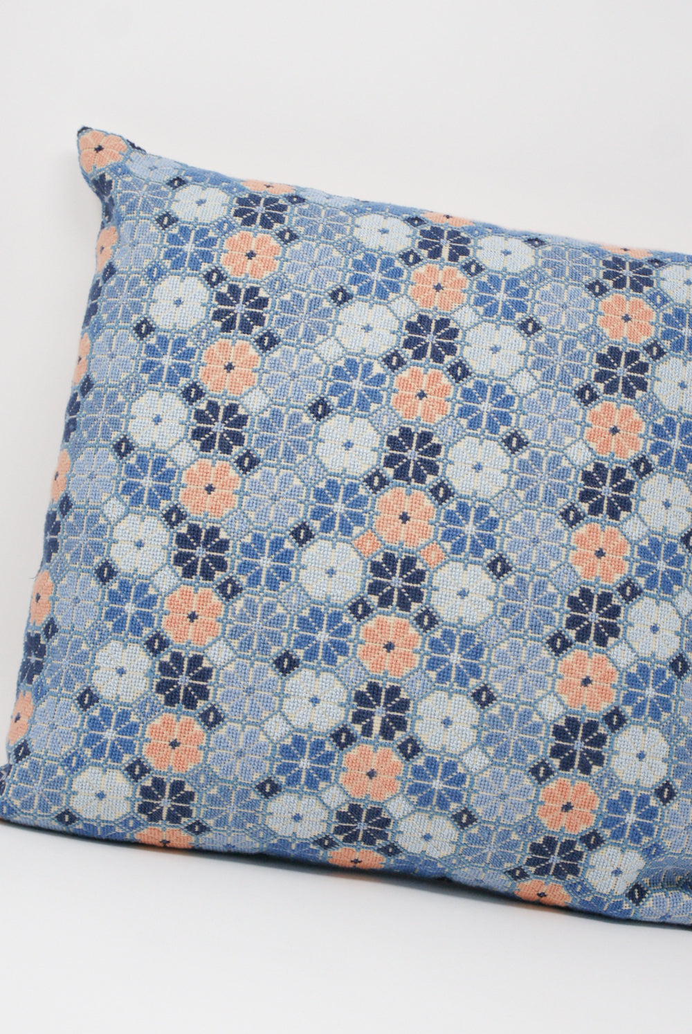 Kissweh Damask Rose Hand Embroidered Pillow in Indigo & Peach