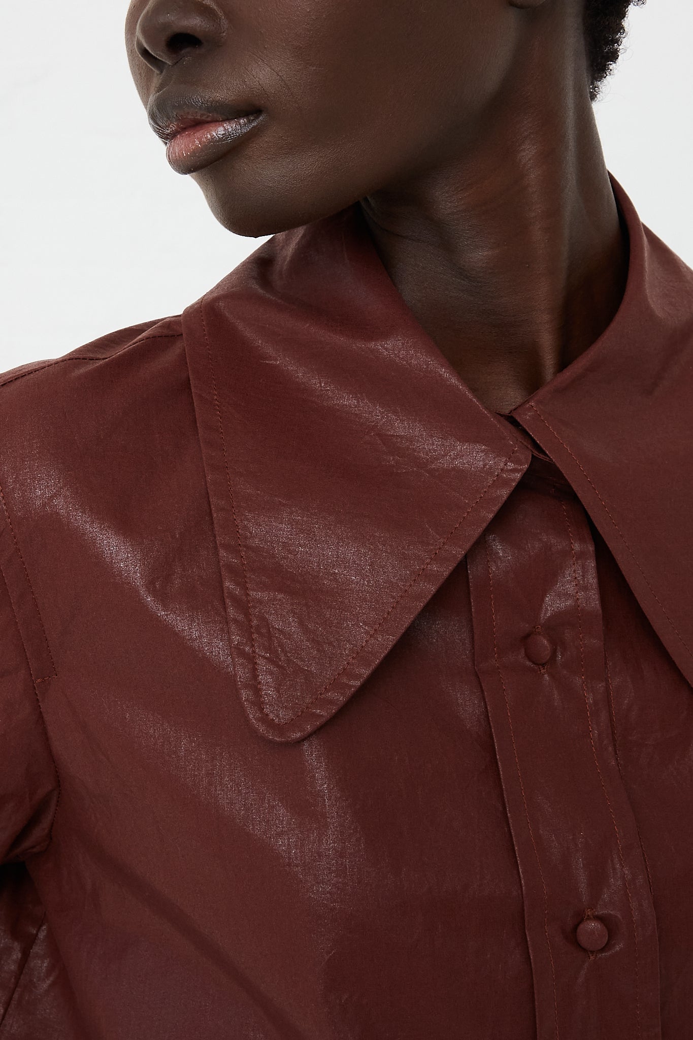 CARON CALLAHAN - Shiny Cotton Poplin Cooper Shirt in Chocolate | Oroboro Store | Front Upclose
