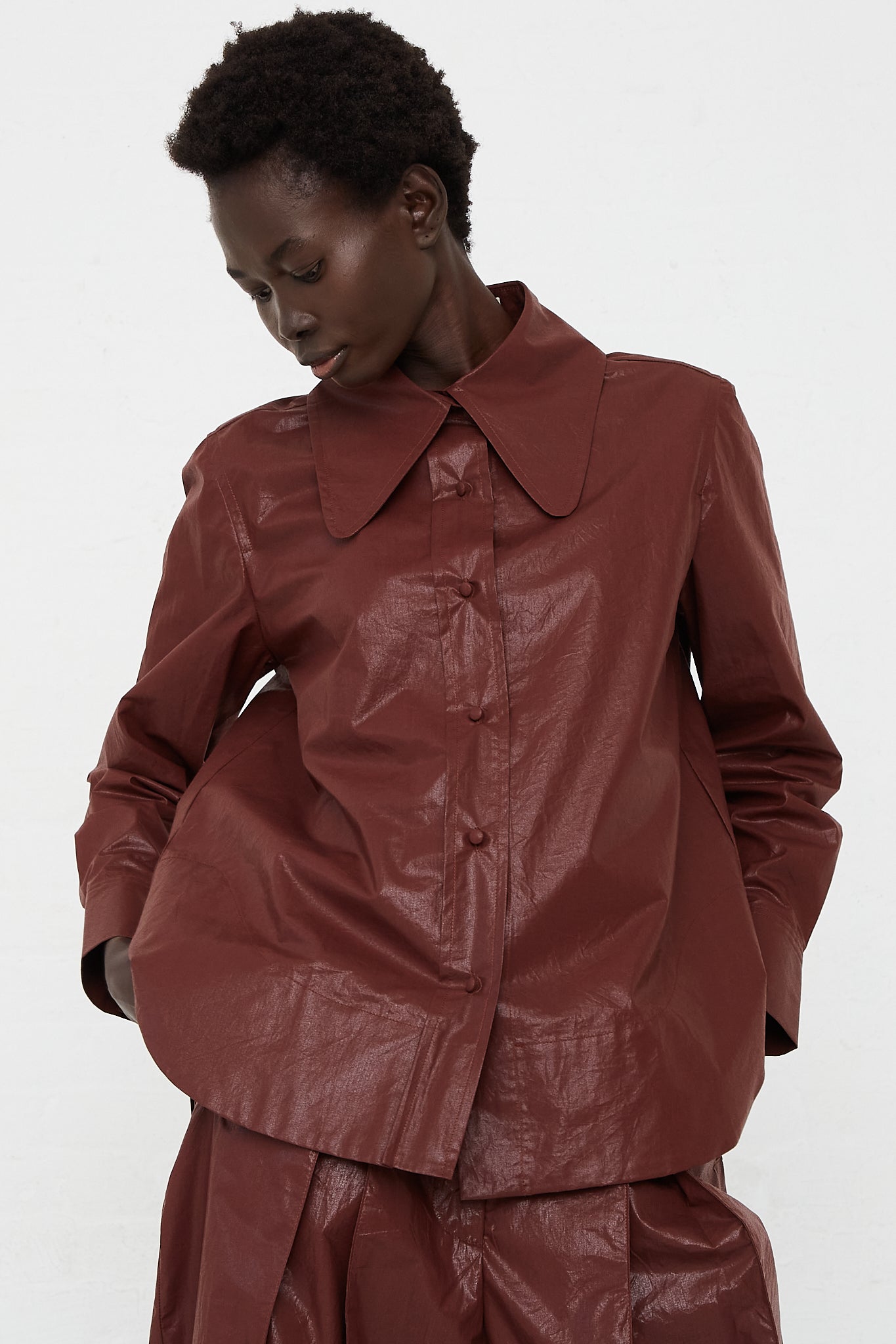 CARON CALLAHAN - Shiny Cotton Poplin Cooper Shirt in Chocolate | Oroboro Store | Front