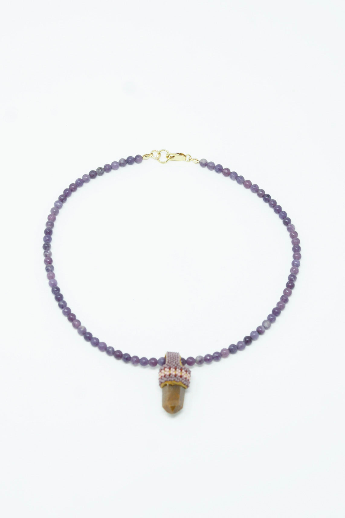 Amethyst cactus Pendulum Necklace in Lepidolite Purple Beads, Rutilated Quartz Crystal by Robin Mollicone featuring a long necklace with hints of lepidolite and rutilated quartz.