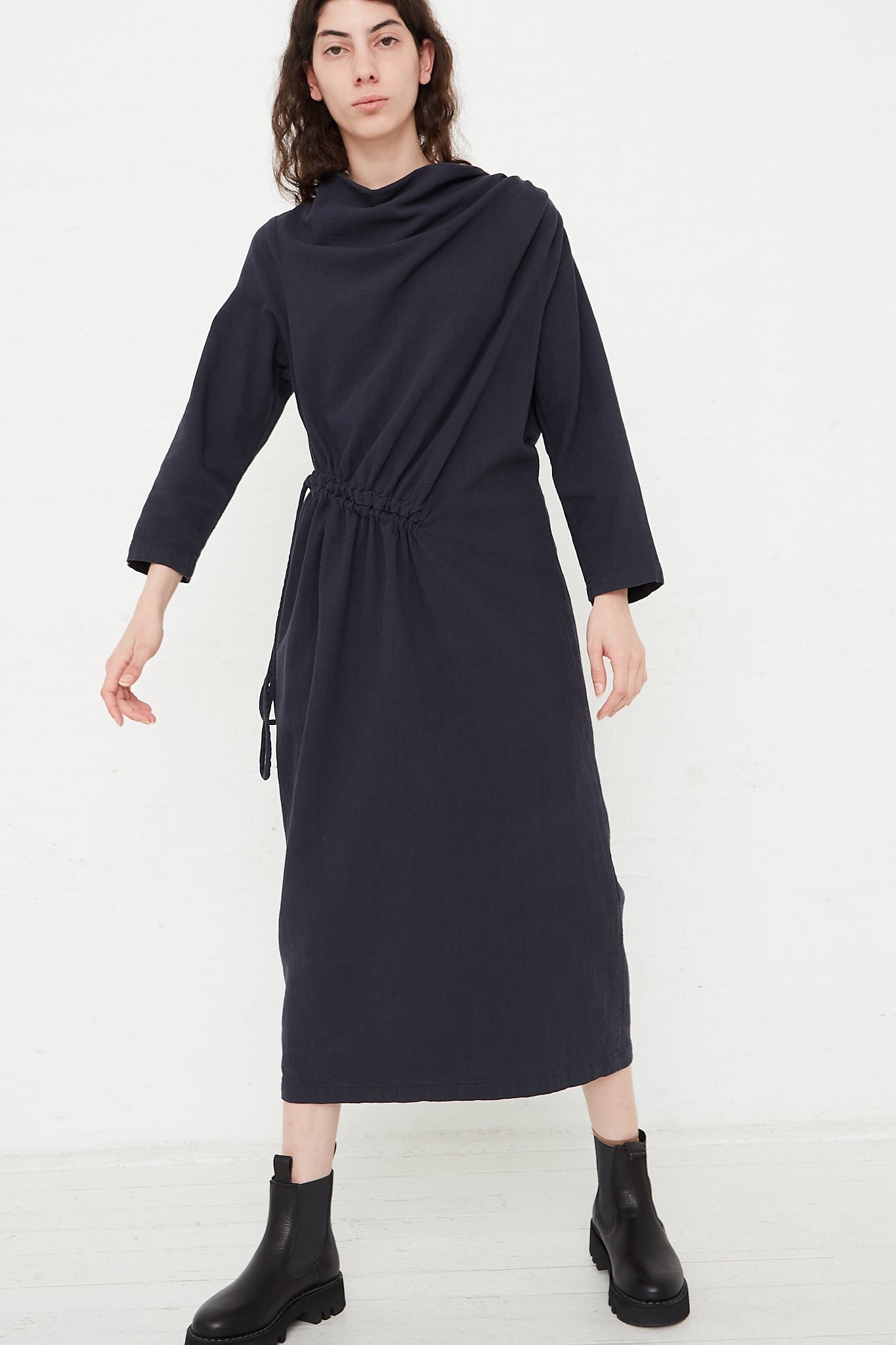 Cotton Woven Ruched Dress in Dark Navy by Black Crane for Oroboro Front