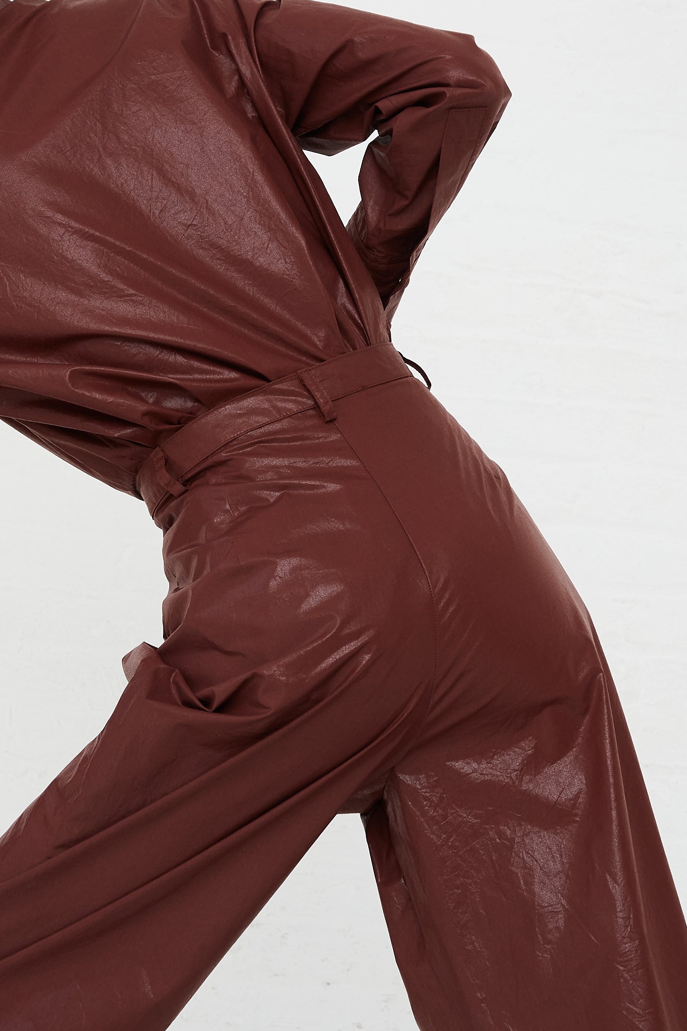 CARON CALLAHAN - Shiny Cotton Poplin Elita Pant in Chocolate | Oroboro Store | Back Upclose