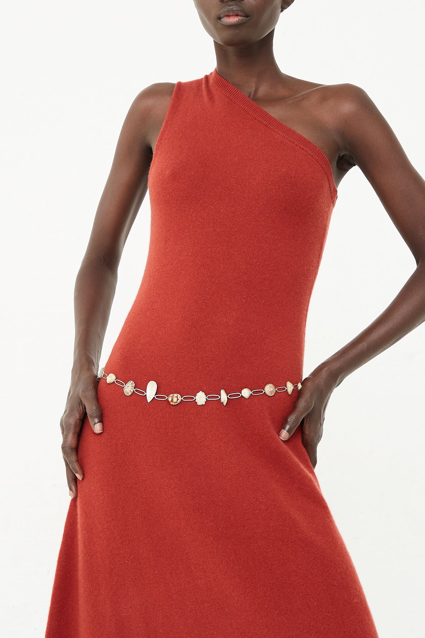 A model wearing a La Ma r Sterling Silver Shell Belt 013 at Oroboro NYC