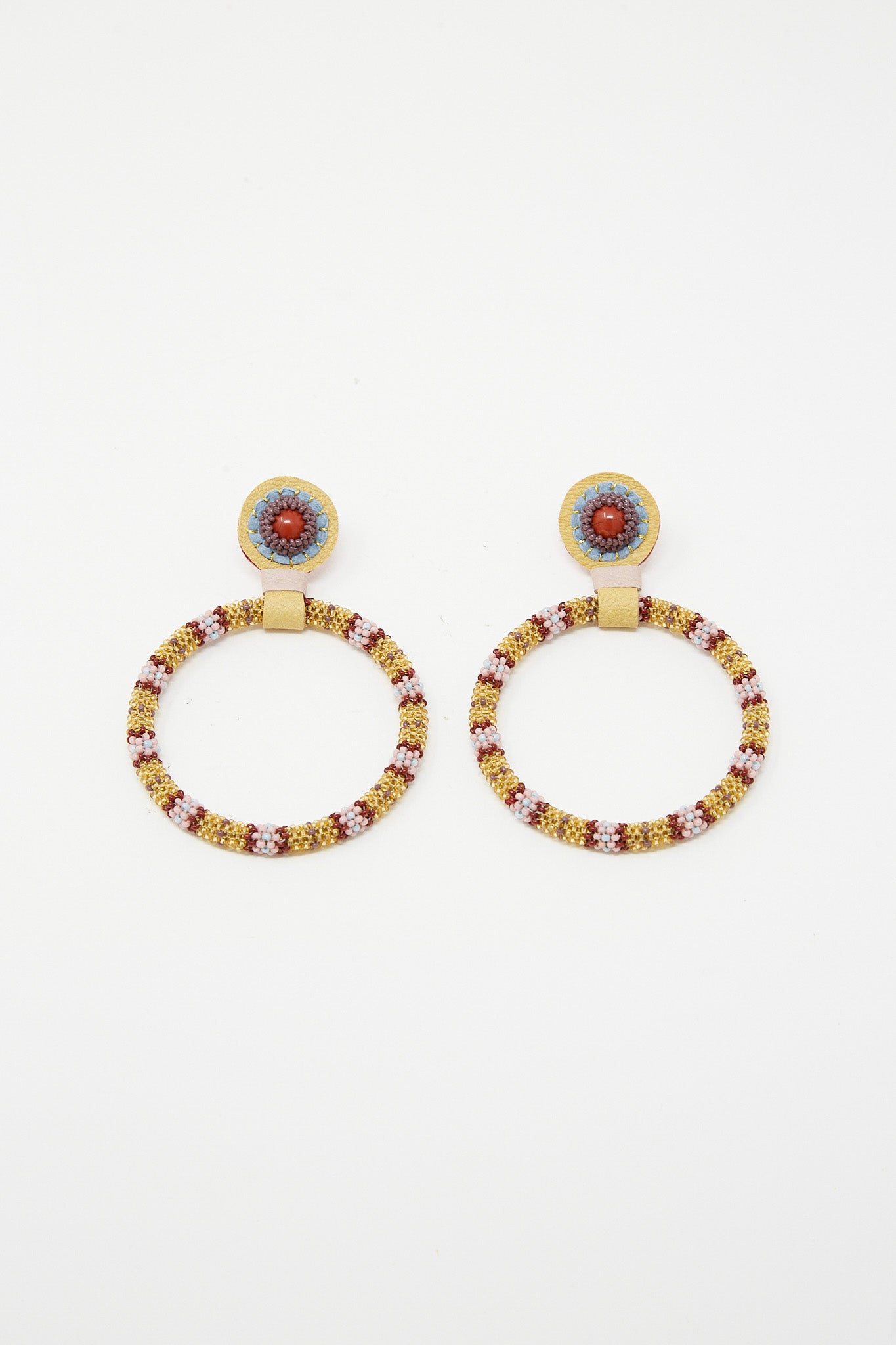 Hand-stitched Robin Mollicone Large Beaded Hoops in Red Jasper Stones.