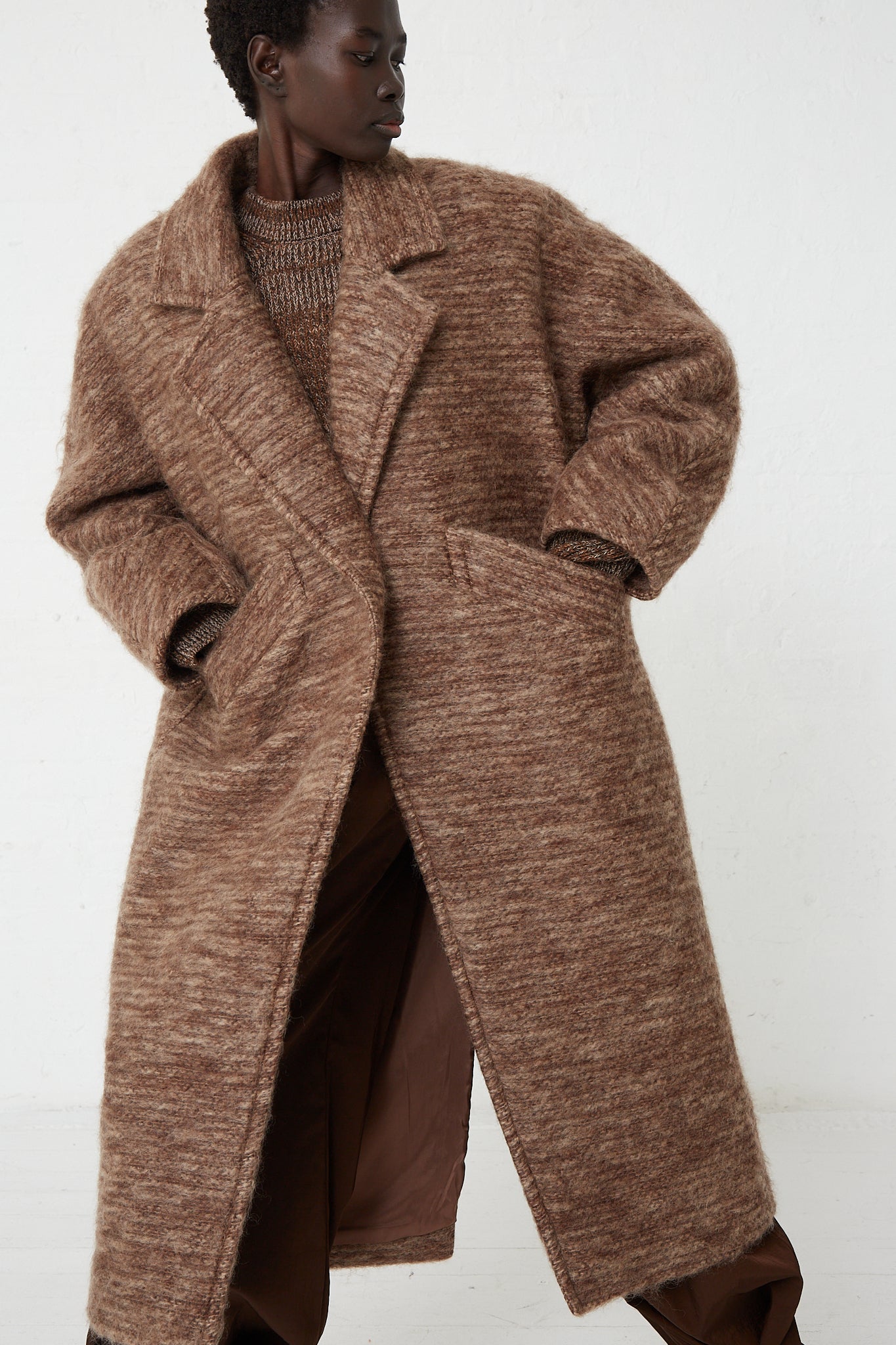 Veronique Leroy's exclusive Wide Shoulder Tailor Coat in Oak. Available at Oroboro store.