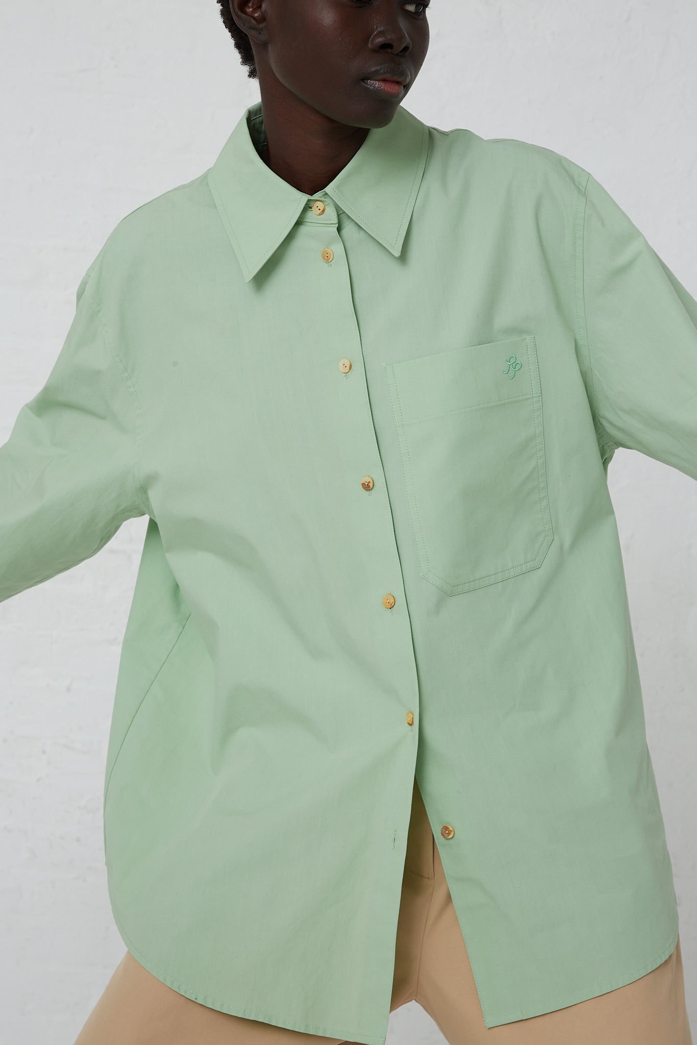 A woman wearing a Rejina Pyo Organic Cotton Caprice Shirt in Mint with a front button closure.