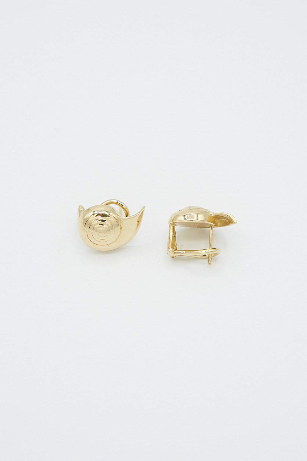 A pair of Large Nautilus Earrings by Kathryn Bentley, made of 14k yellow gold plated Nautilus shell, on a white background, handmade in Los Angeles.