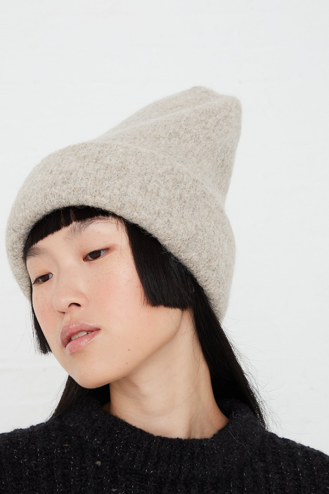 Alpaca Knit Carpenter Hat in Pebble by Lauren Manoogian for Oroboro Side Upclose