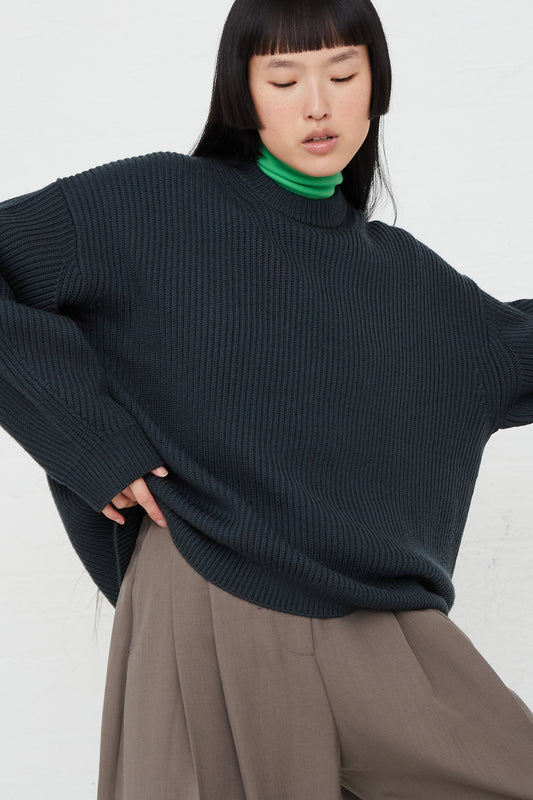 STUDIO NICHOLSON - Tone Crew Neck Sweater in Dark Fir | Oroboro Store