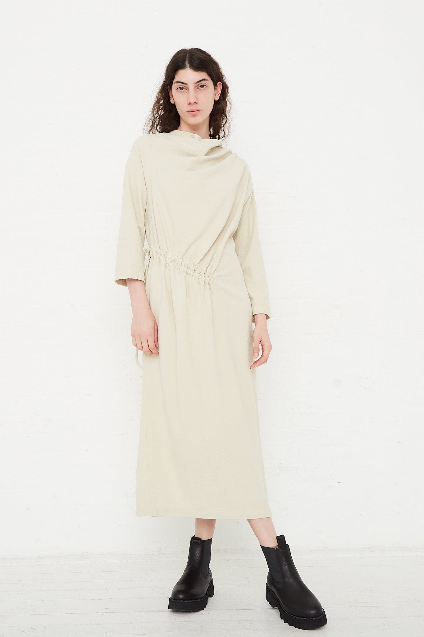 Cotton Woven Ruched Dress in Ivory by Black Crane for Oroboro Front