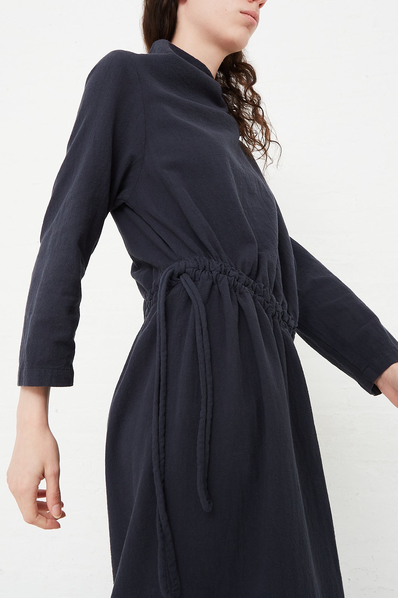 Cotton Woven Ruched Dress in Dark Navy by Black Crane for Oroboro Front