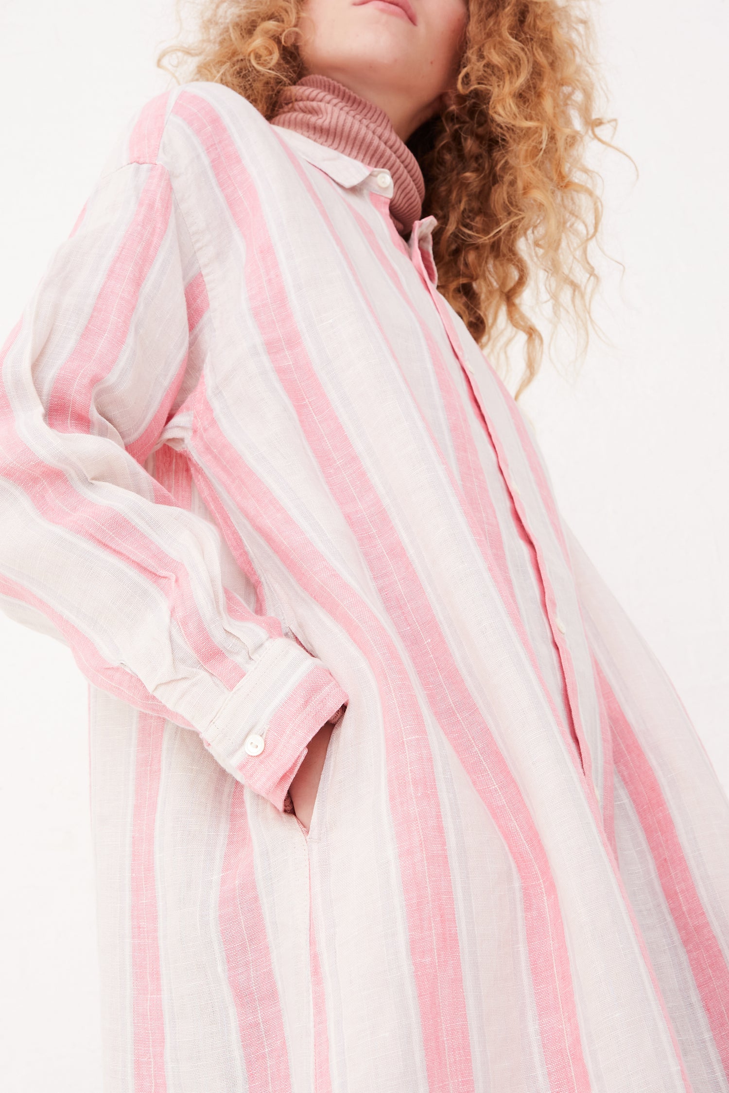 A model wearing the Linen Stripe Dress in Pink by Ichi Antiquités, a relaxed fit dress.