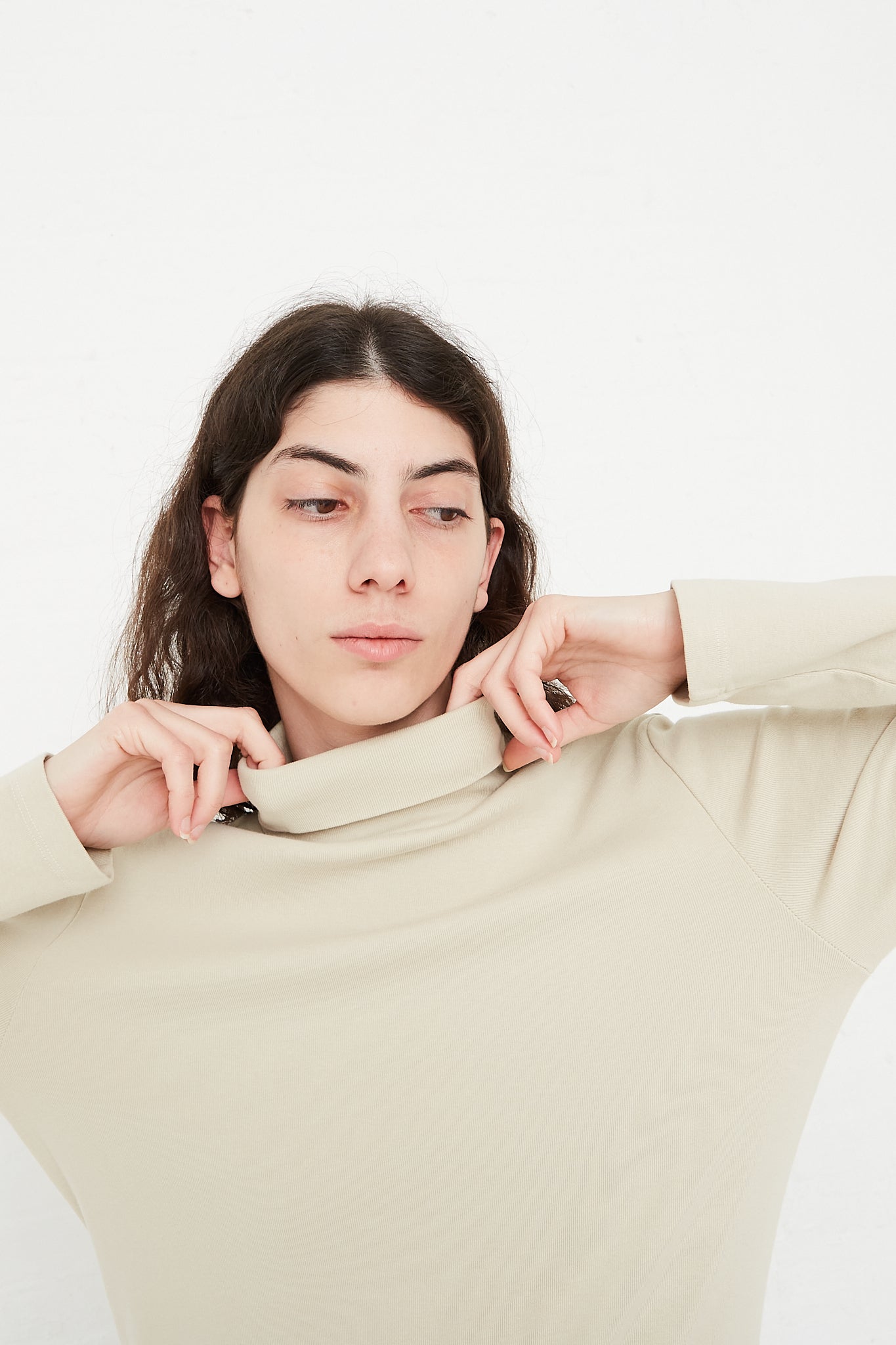 Organic Cotton Rib Knit Turtleneck Top in Ivory by Black Crane for Oroboro Front