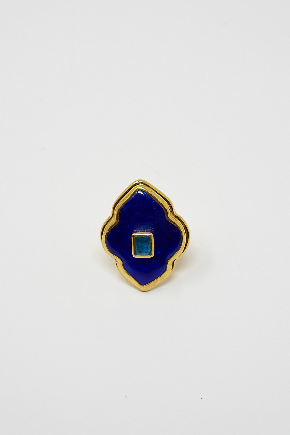 A Sofio Gongli ring in Blue with Light Blue Center Square, featuring an intricate enamel design created using the cloisonné technique.