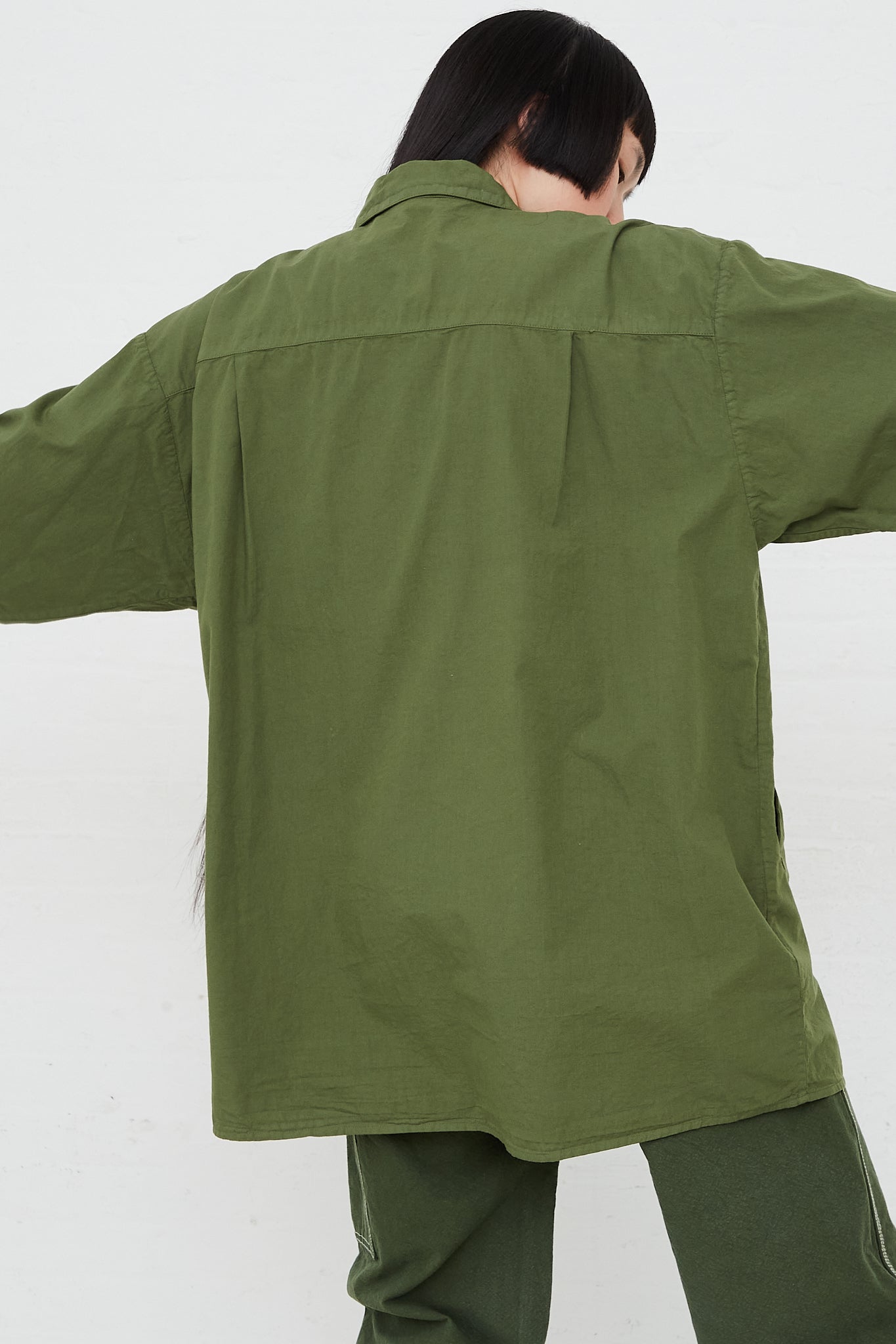 Okuda Cotton Poplin Shirt in Olive by Jesse Kamm for Oroboro Back