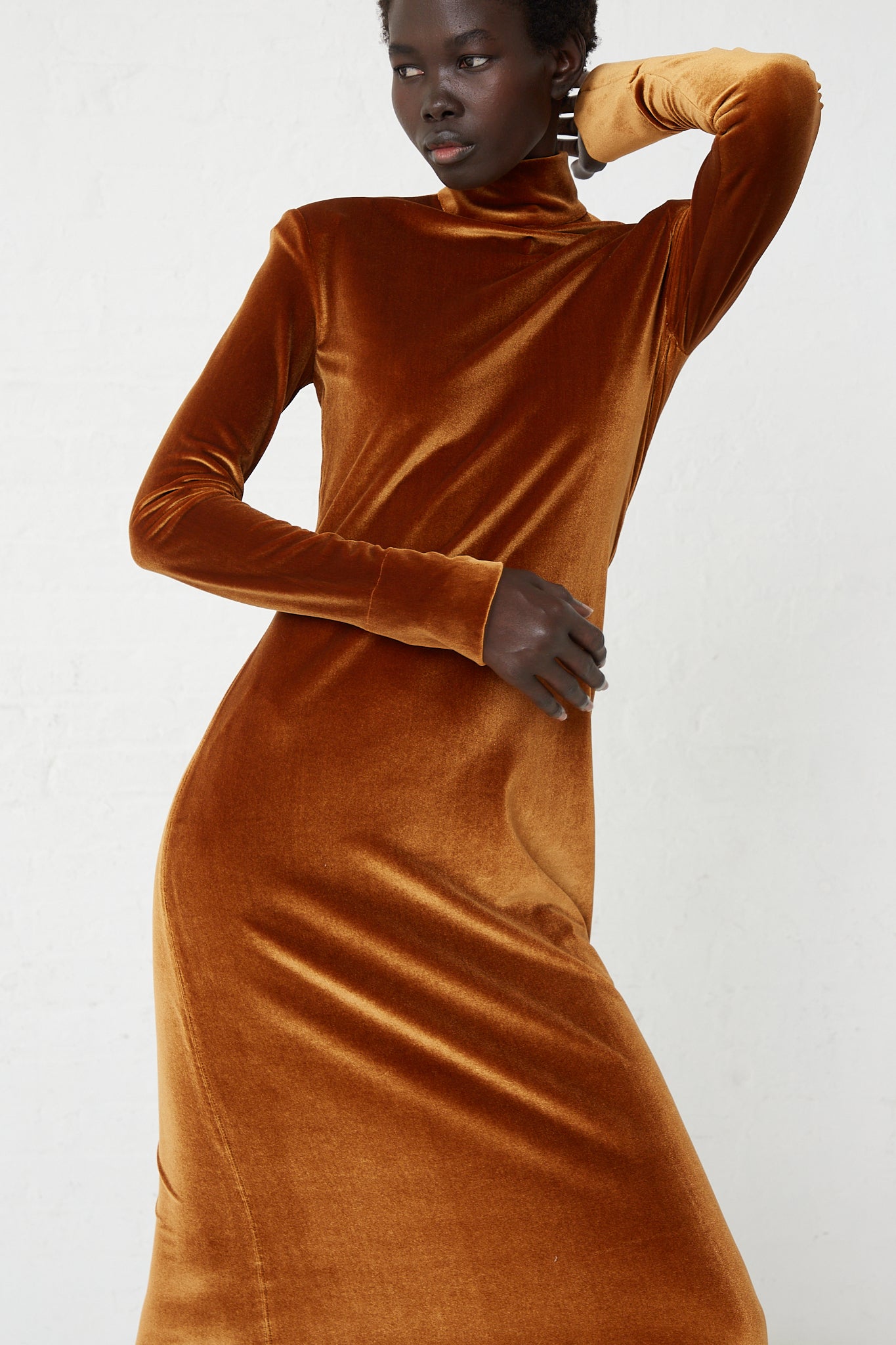 The model is wearing a Veronique Leroy Velvet Turtleneck Dress in Cognac.