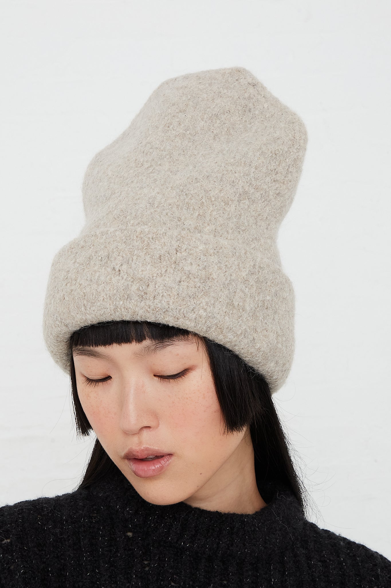Alpaca Knit Carpenter Hat in Pebble by Lauren Manoogian for Oroboro Front Upclose