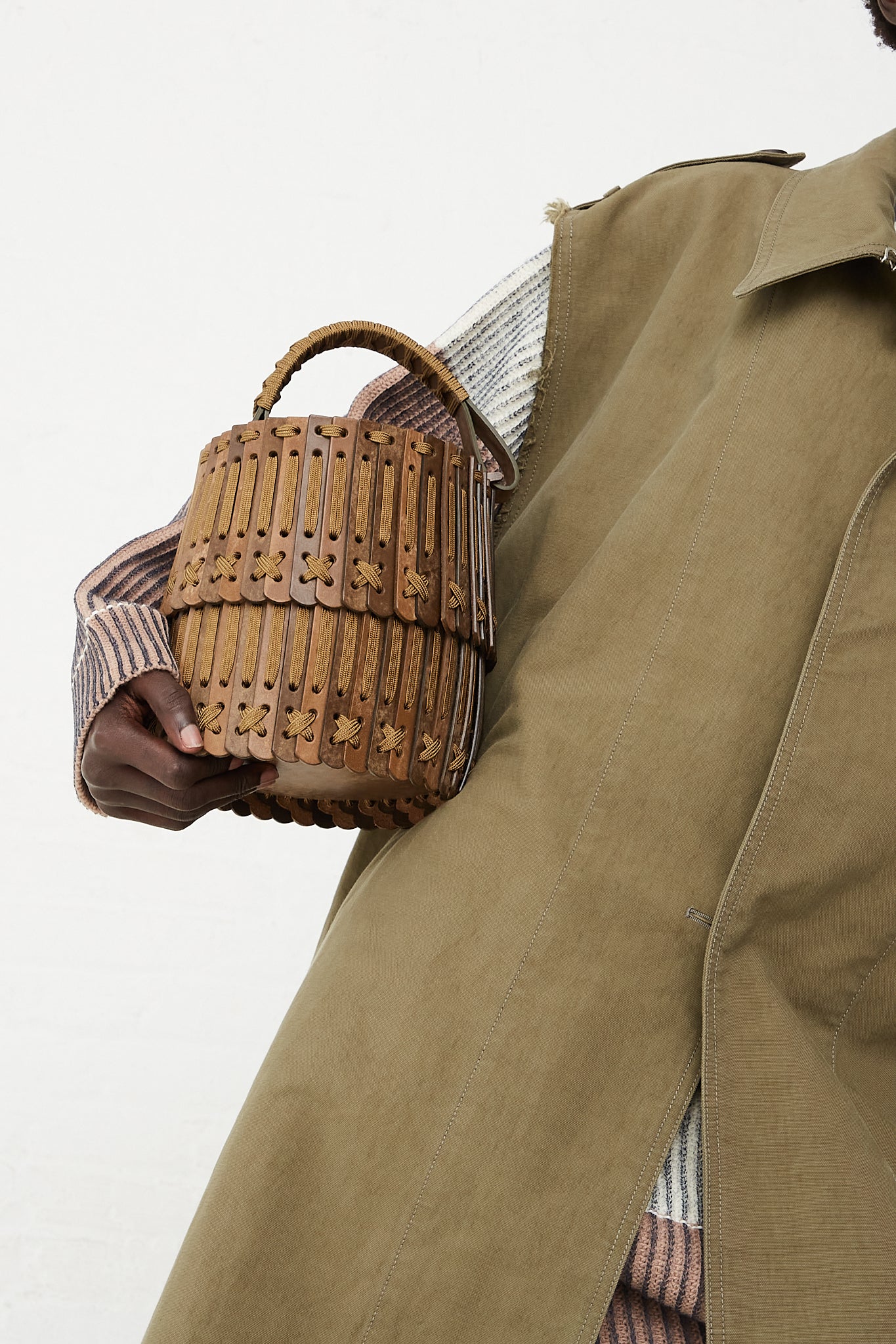 Waxed Coated Bucket Bag in Italian Leather by Hatori for Oroboro Front Upclose