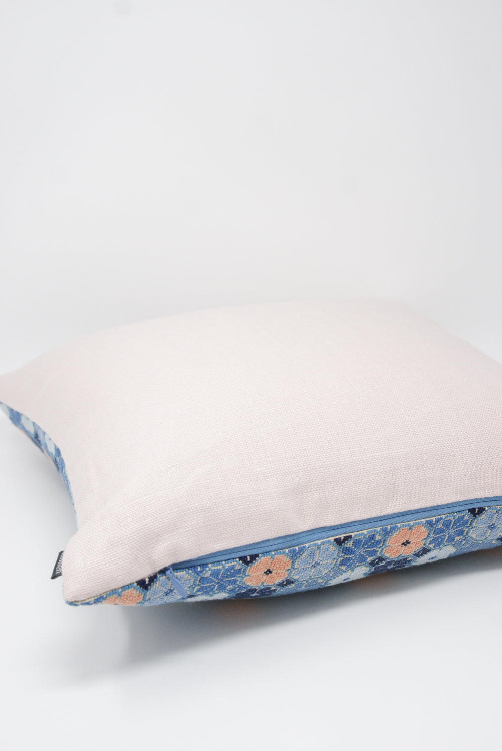 Kissweh Damask Rose Hand Embroidered Pillow in Indigo & Peach back and zipper detail