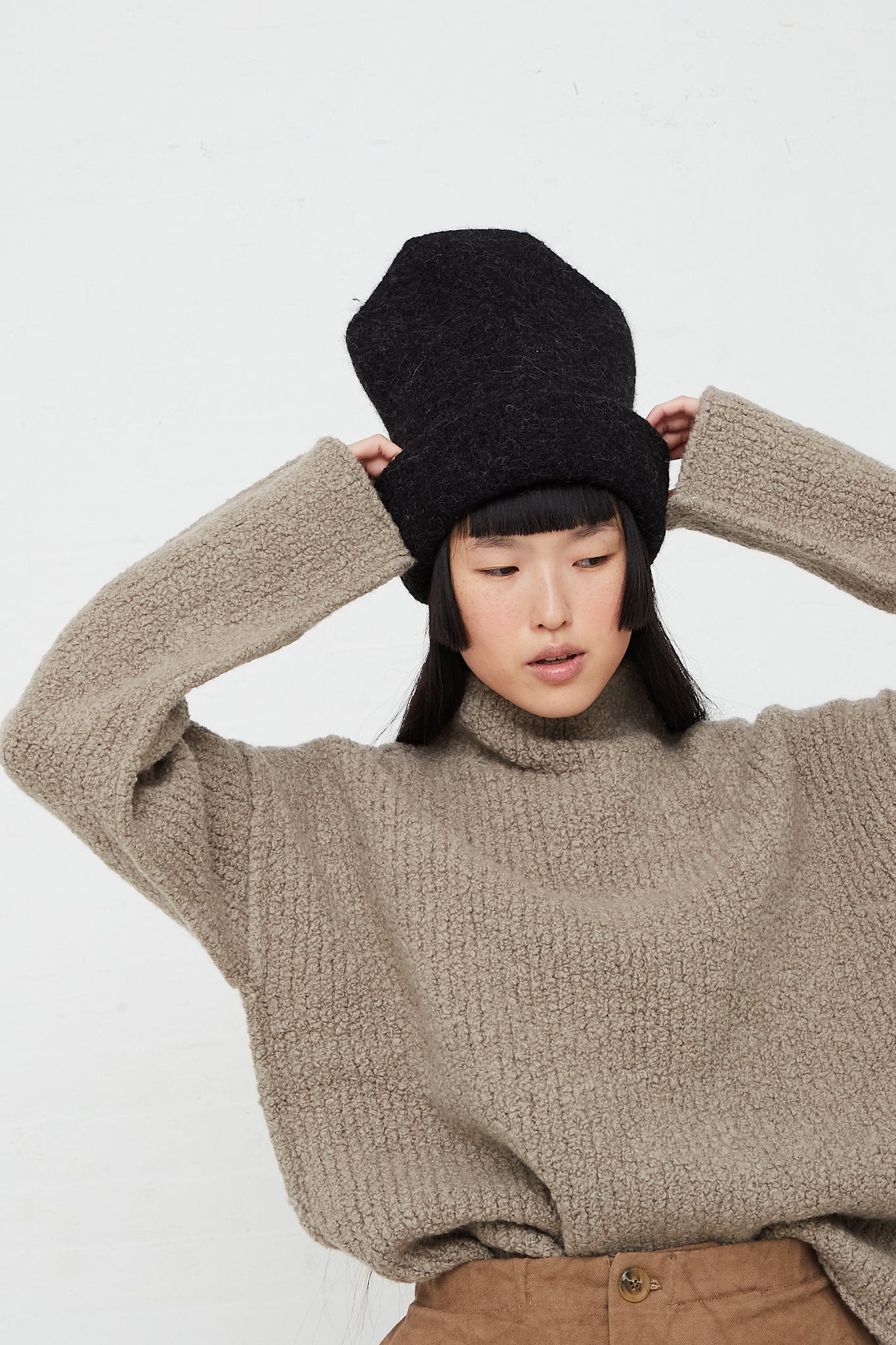 Alpaca Knit Carpenter Hat in Black Melange by Lauren Manoogian for Oroboro Front