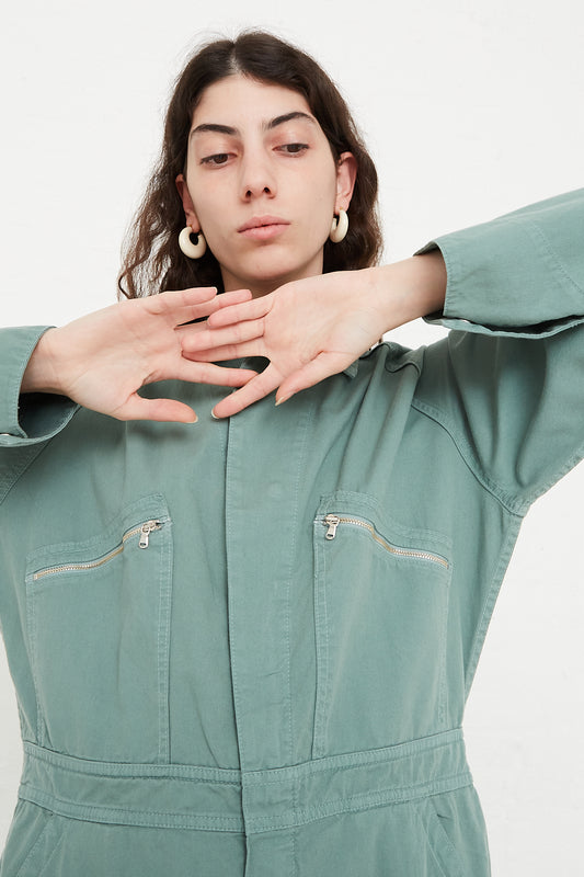 Rachel Comey Bley Jumpsuit in Sage front chest zipper pocket detail