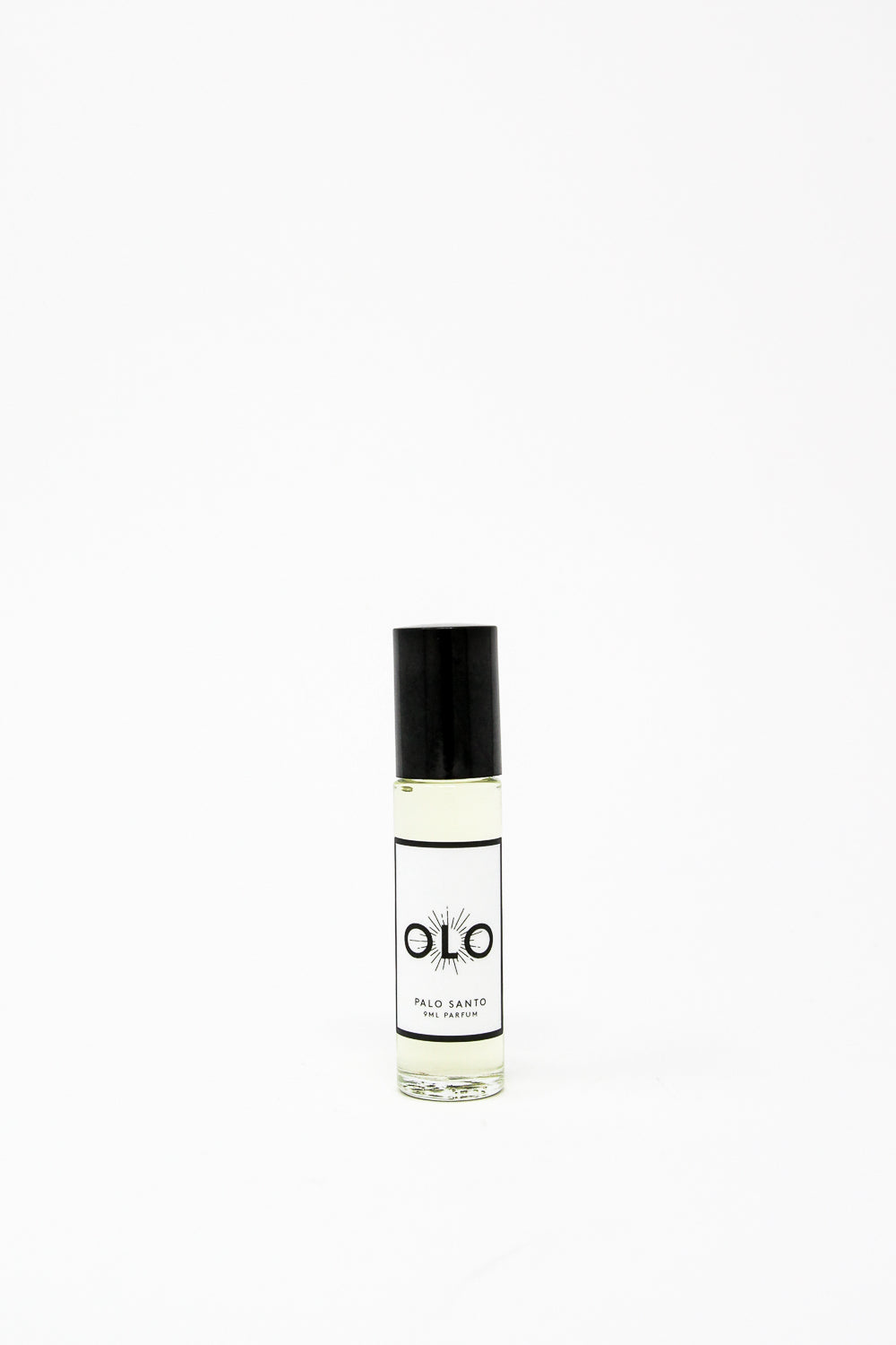 A 9 ml bottle of OLO's Fragrance Palo Santo, infused with Siam Wood, is positioned against a white background.