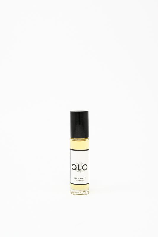 A 9ml bottle of OLO's Fragrance Dark Wave against a white background. 