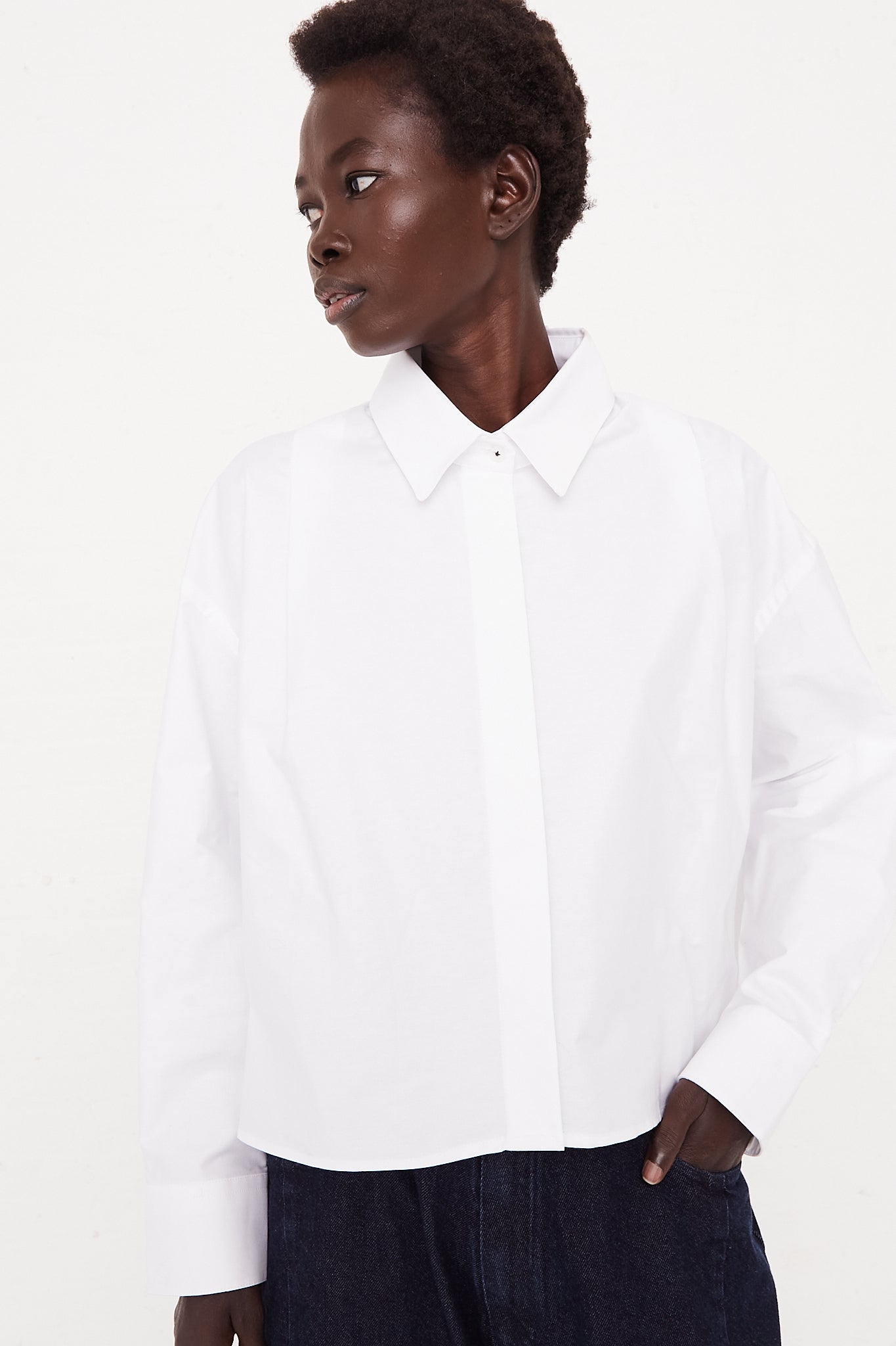 CORDERA Long Sleeve Shirt in White | Oroboro Store | Front view upclose on model