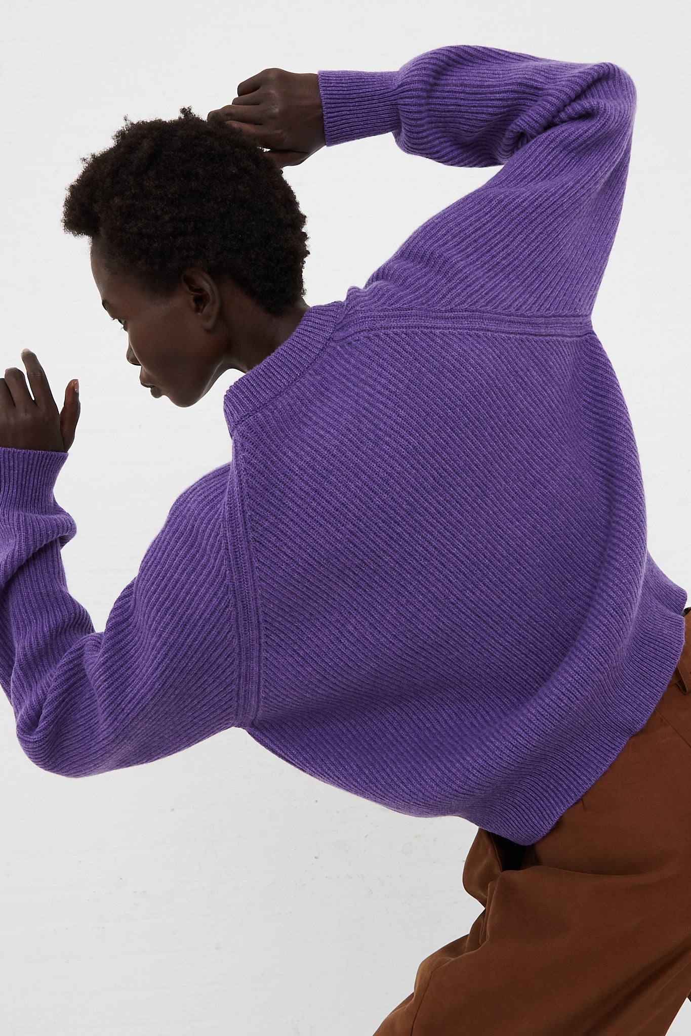 Ribbed Raglan Cashmere Cropped Sweater Purple by CristaSeya for Oroboro Back