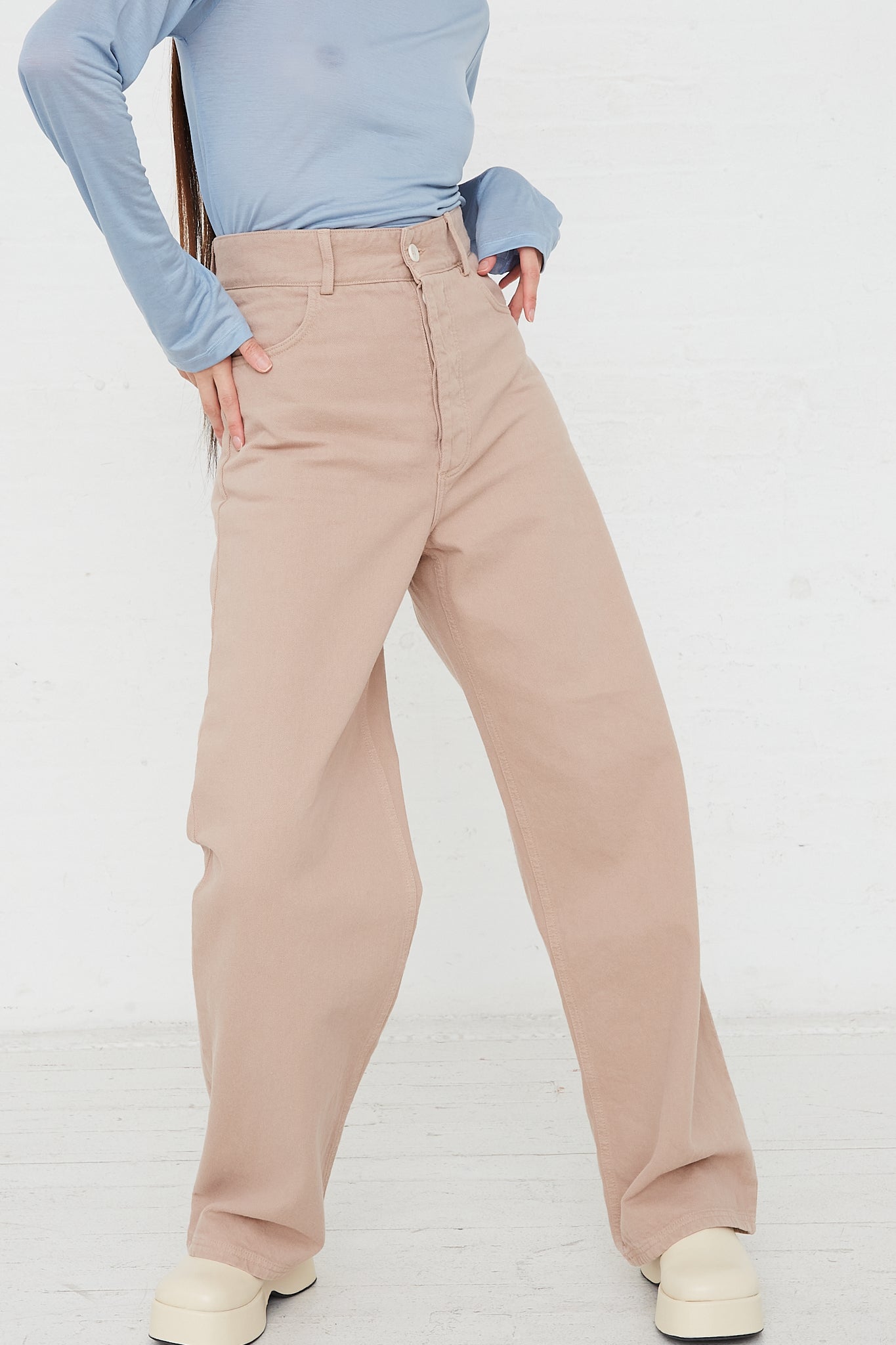Navalo High Waist Pant in Camel by Baserange Front Upclose