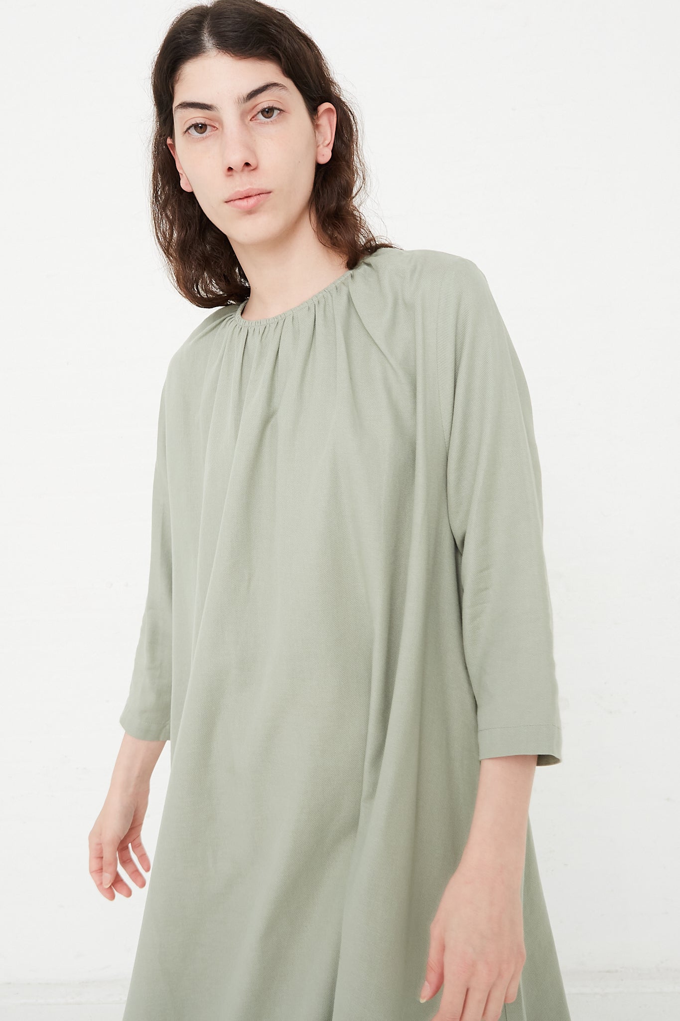Cotton Twill Shirred Neck Dress in Agave by Black Crane for Oroboro Front Upclose
