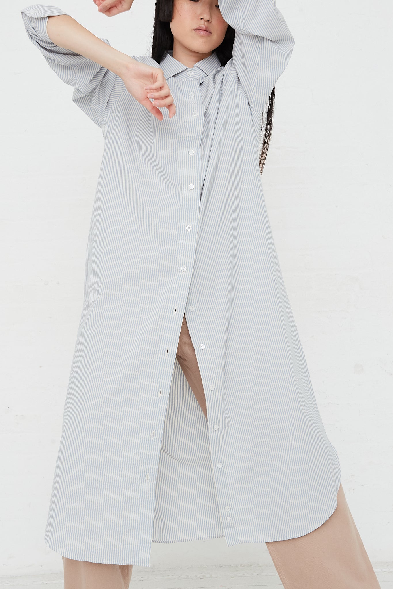 Ole Long Sleeve Shirt Dress in Organic Cotton by Baserange for Oroboro Front