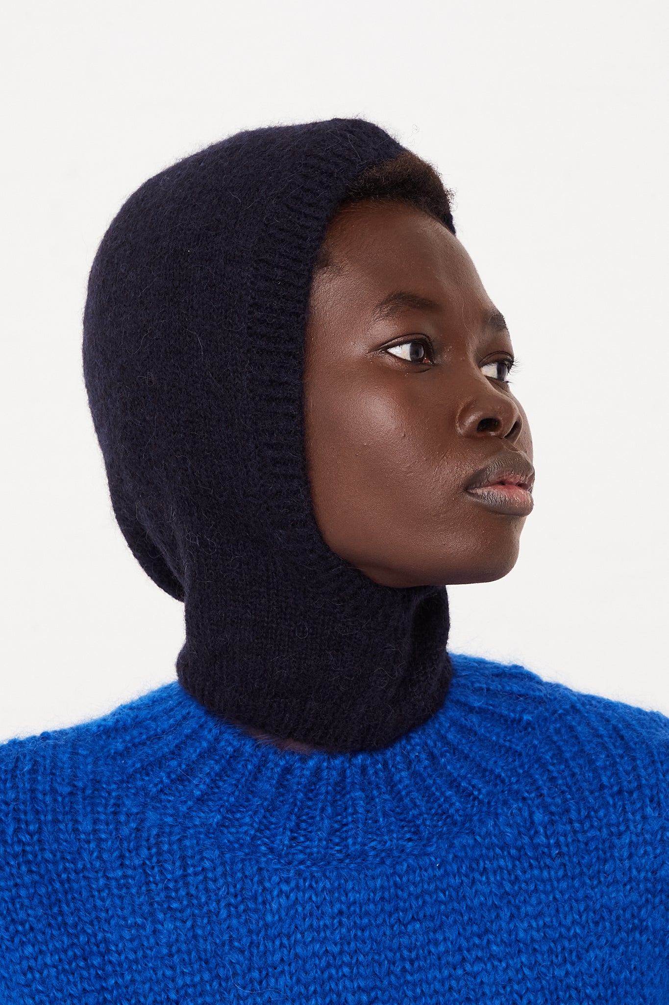 CORDERA Alpaca Balaclava in Navy | Oroboro Store | Side view on model looking up