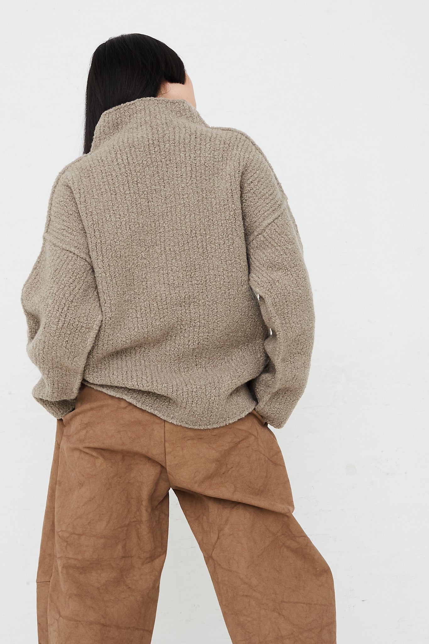 Taupe Turtleneck Sweater in Merino Boucle Wool by Lauren Manoogian for Oroboro Back