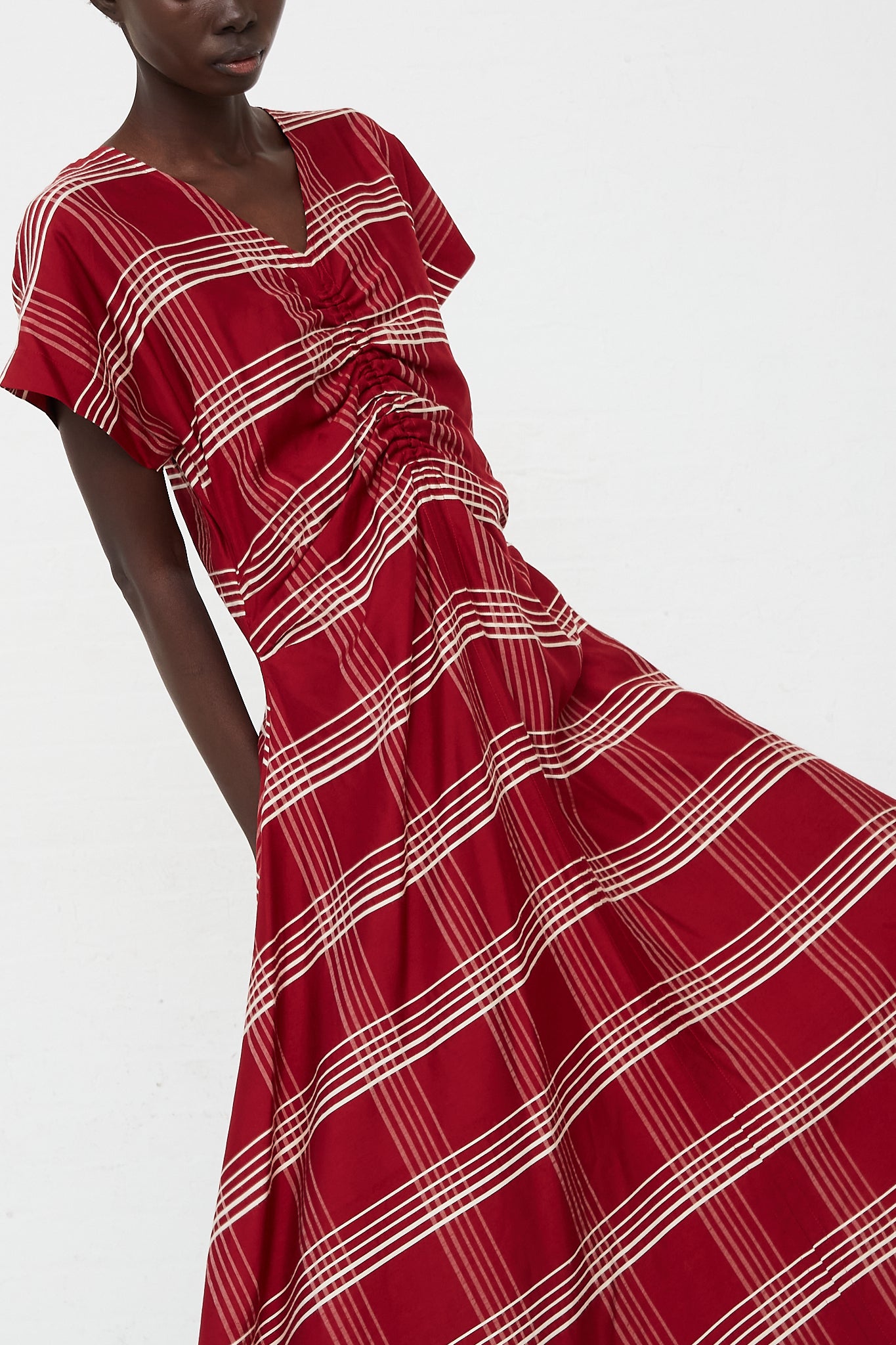 CARON CALLAHAN - Embroidered Plaid Veda Dress in Crimson | Oroboro Store | Front