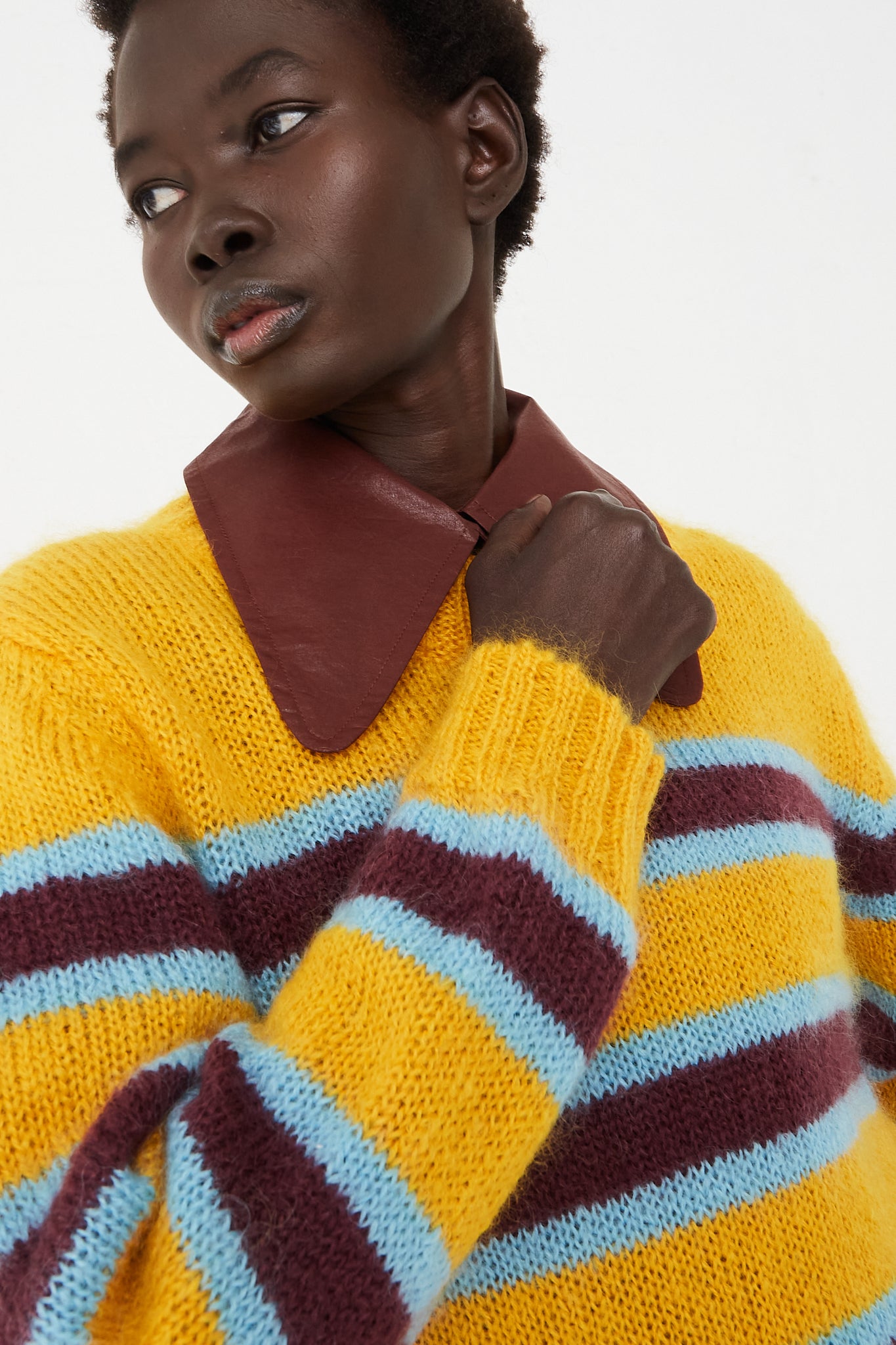 CARON CALLAHAN - Mohair Fletcher Sweater in Canary Stripe | Oroboro Store | Front Upclose
