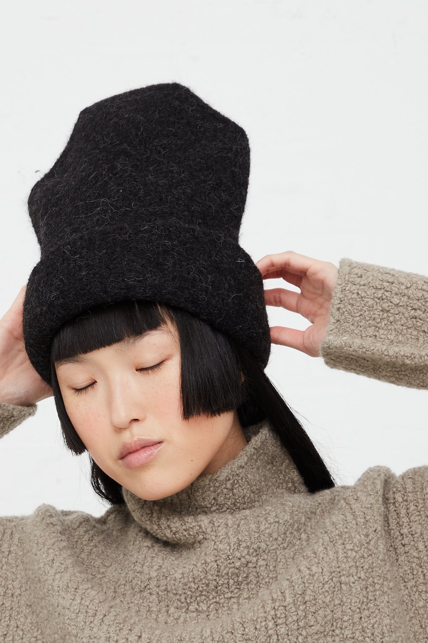 Alpaca Knit Carpenter Hat in Black Melange by Lauren Manoogian for Oroboro Side Upclose