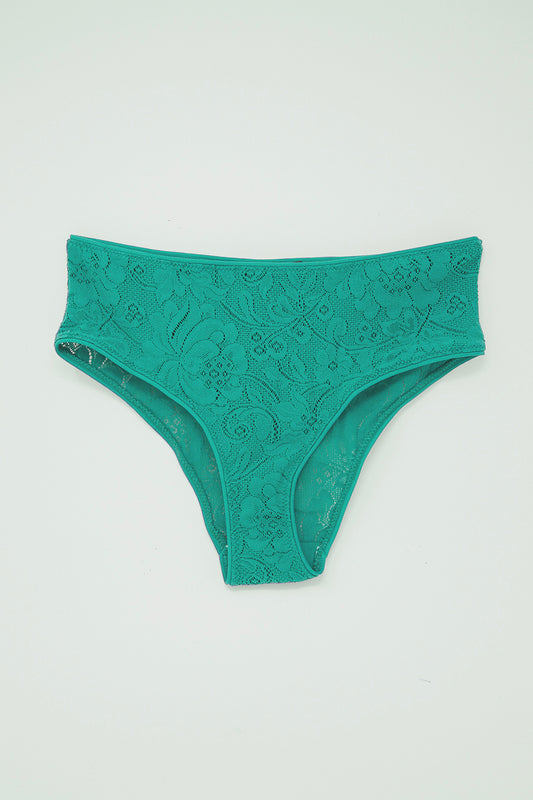 A teal Imogen Hipster bikini with lace and French lace on the bottom by Araks.