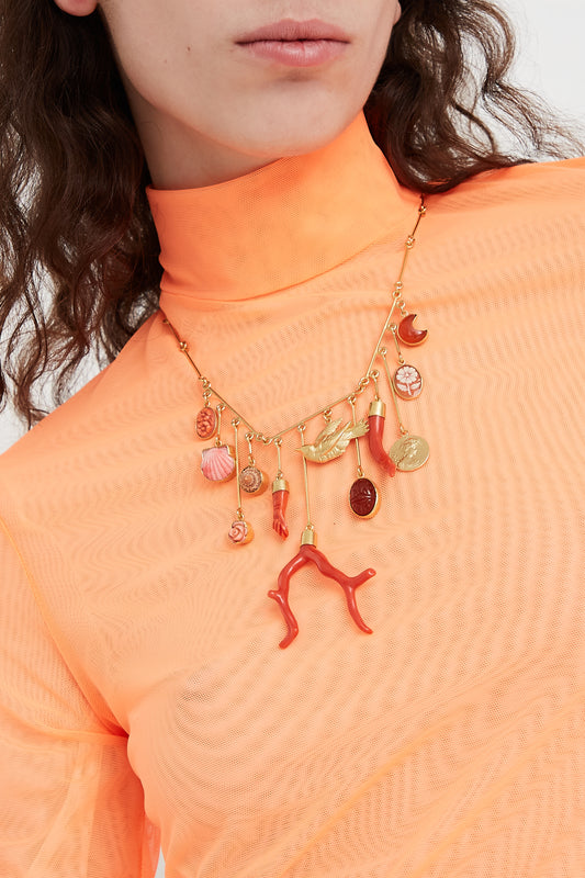 Wire Charm Drop Necklace in Coral