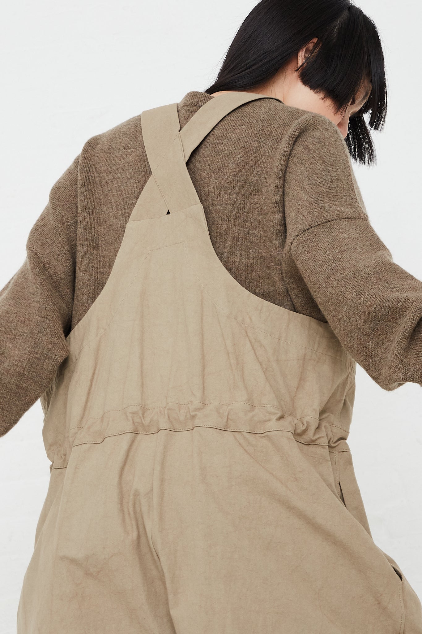 Lightweight Overalls in Drab by Lauren Manoogian for Oroboro Back Upclose