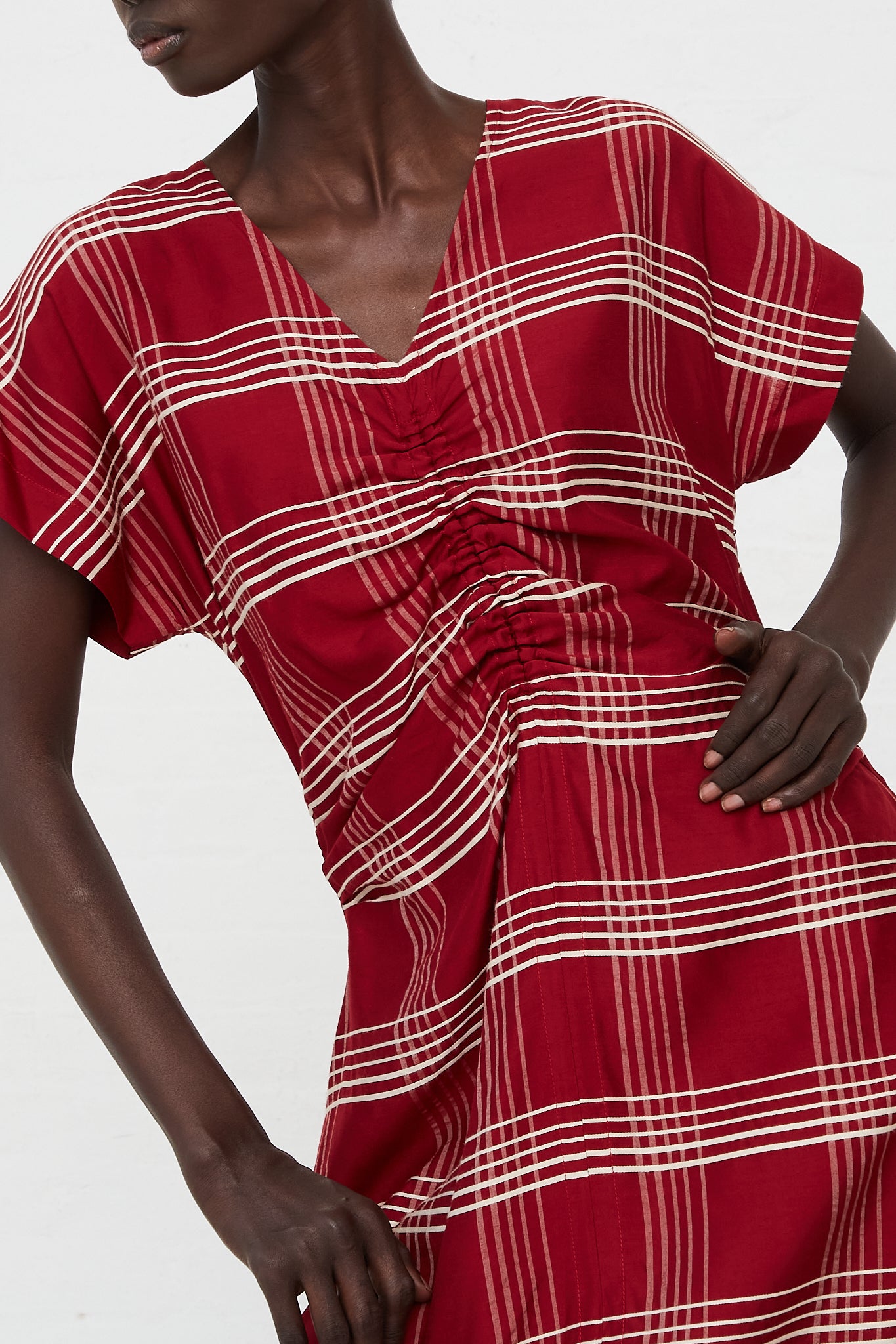 CARON CALLAHAN - Embroidered Plaid Veda Dress in Crimson | Oroboro Store | Front Upclose